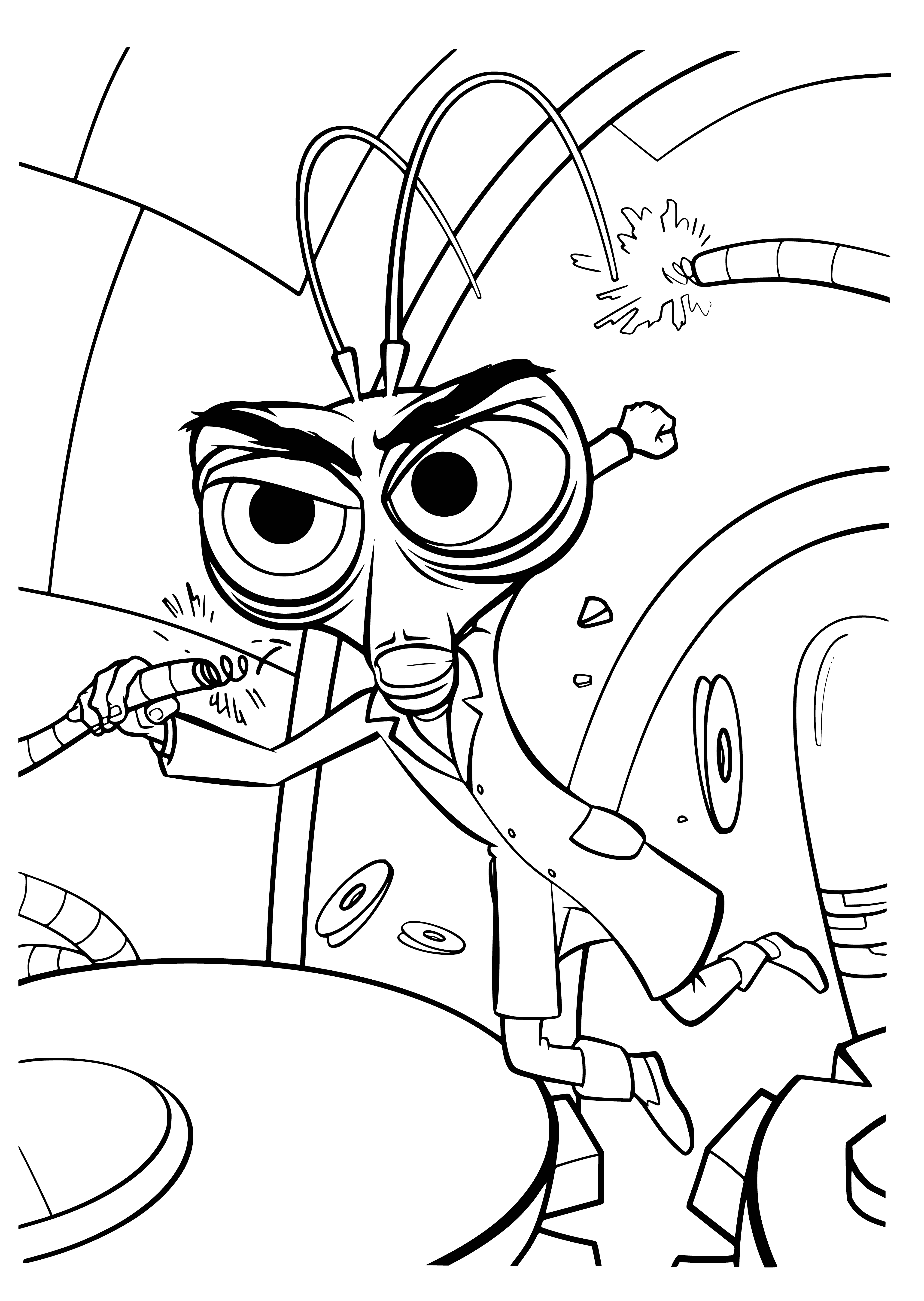 coloring page: Cockroach in lab coat & glasses stands in front of poster reading "Monsters vs Aliens," holding a beaker & remote.