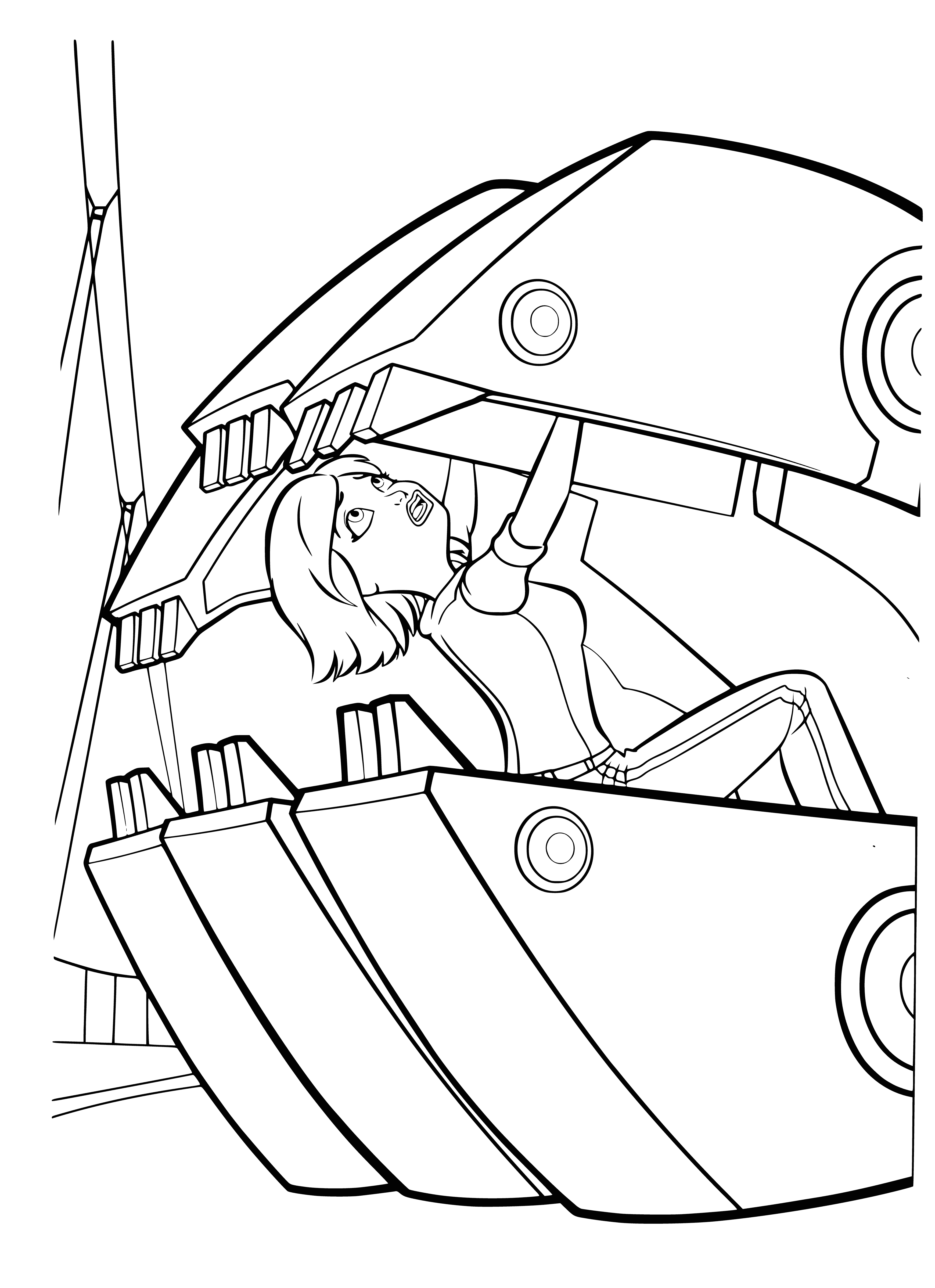 coloring page: Group rushes to save woman from giant green creature with tentacles that pulls her into its mouth.