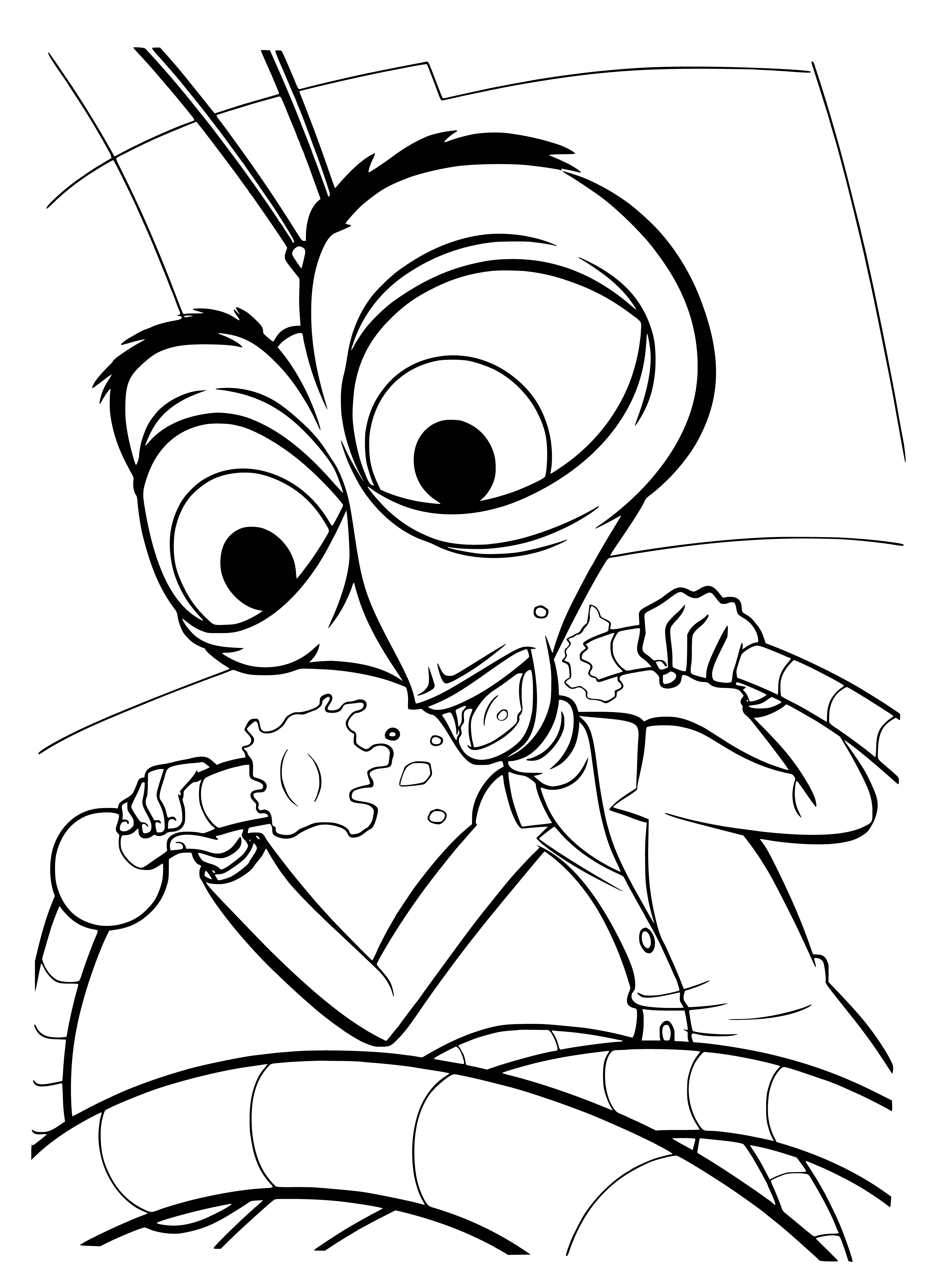coloring page: A large, purple cockroach with green eyes, antennae, and a white lab coat holds a big green brain in its right hand.