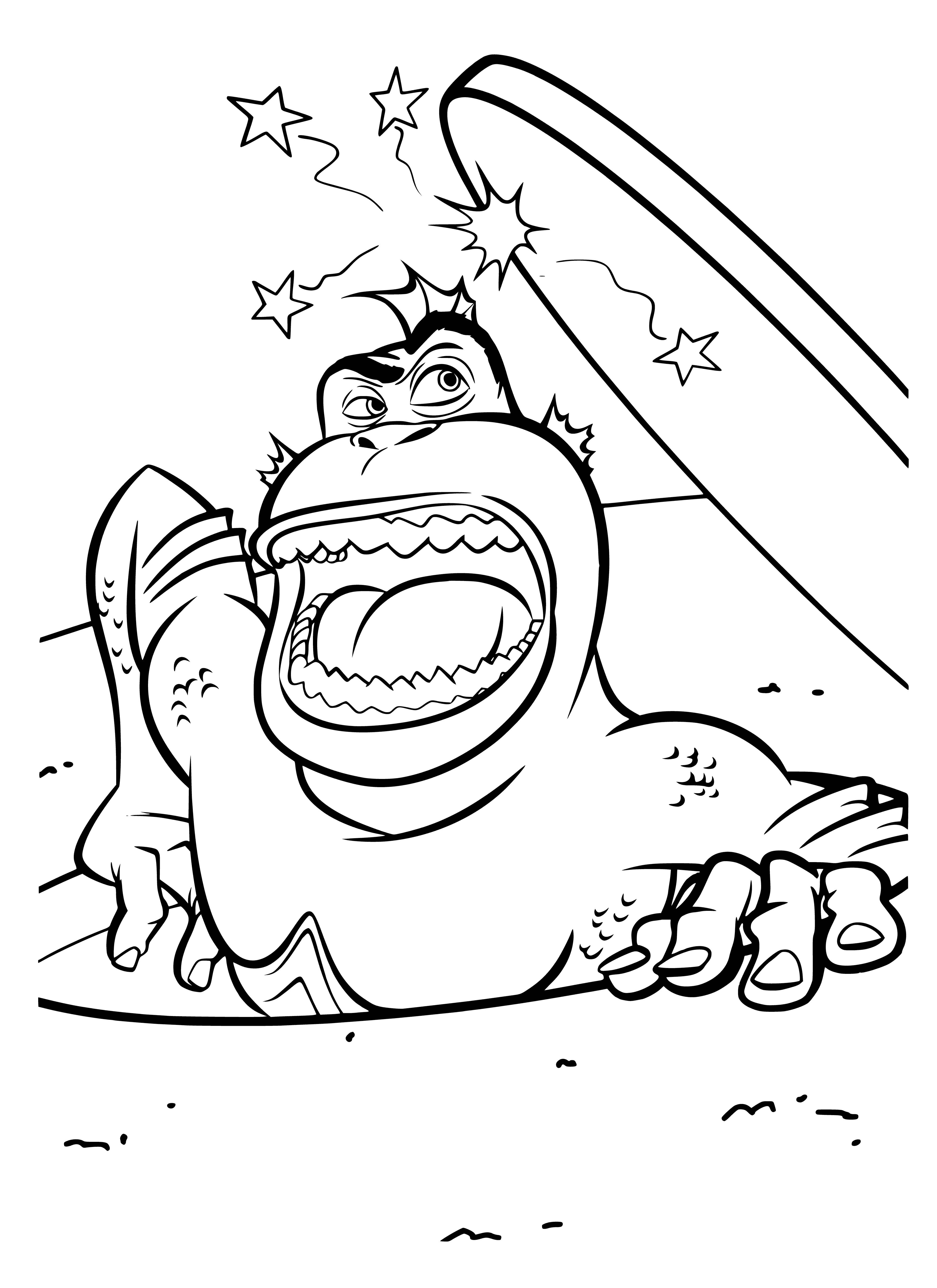 coloring page: Blue 3-eyed alien with ray gun & sharp teeth, left hand raised. Green plant in background.
