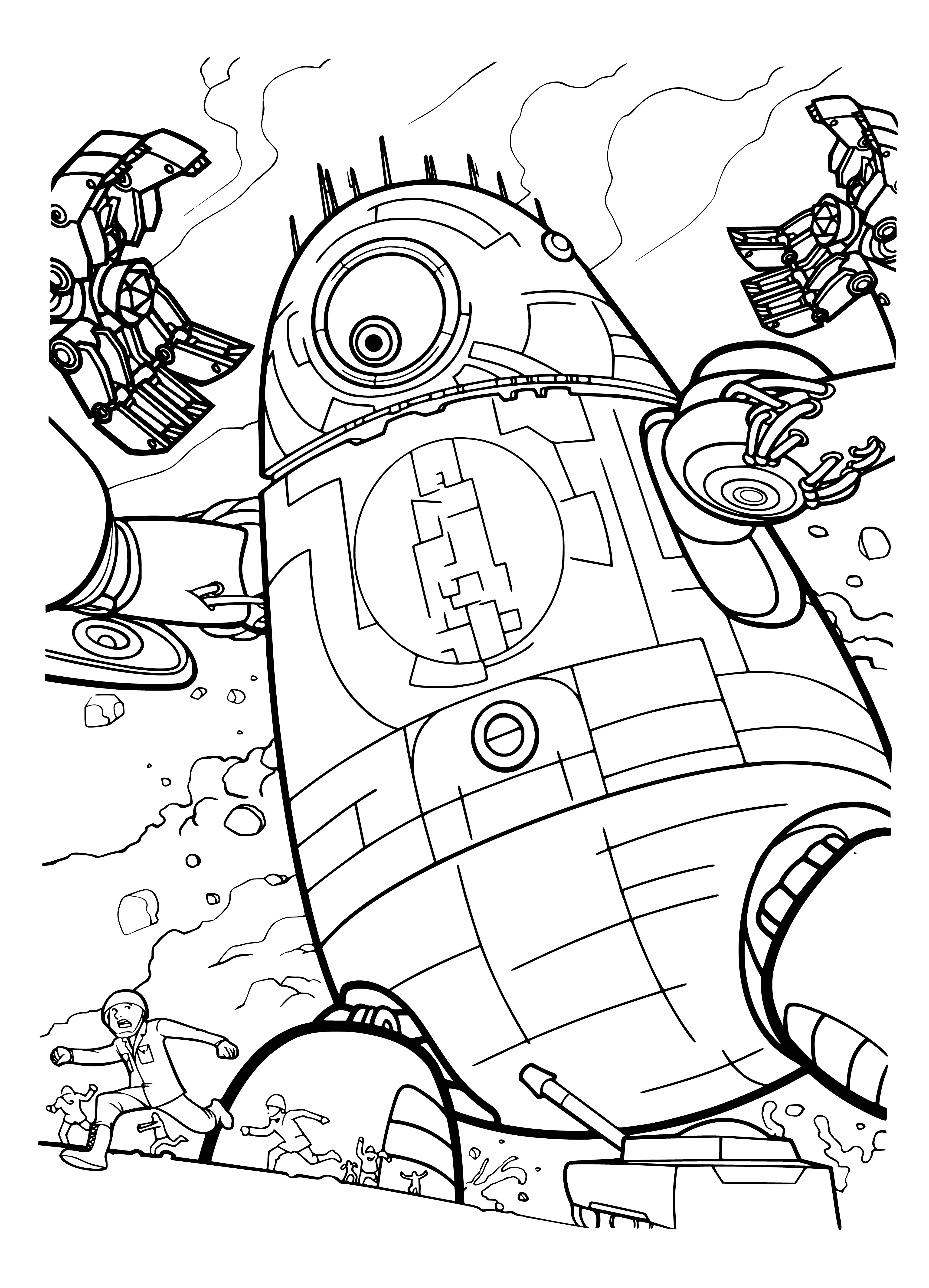 coloring page: Robot towers over cowering monsters, eyes glowing menacing red. Dark background, sense of foreboding.