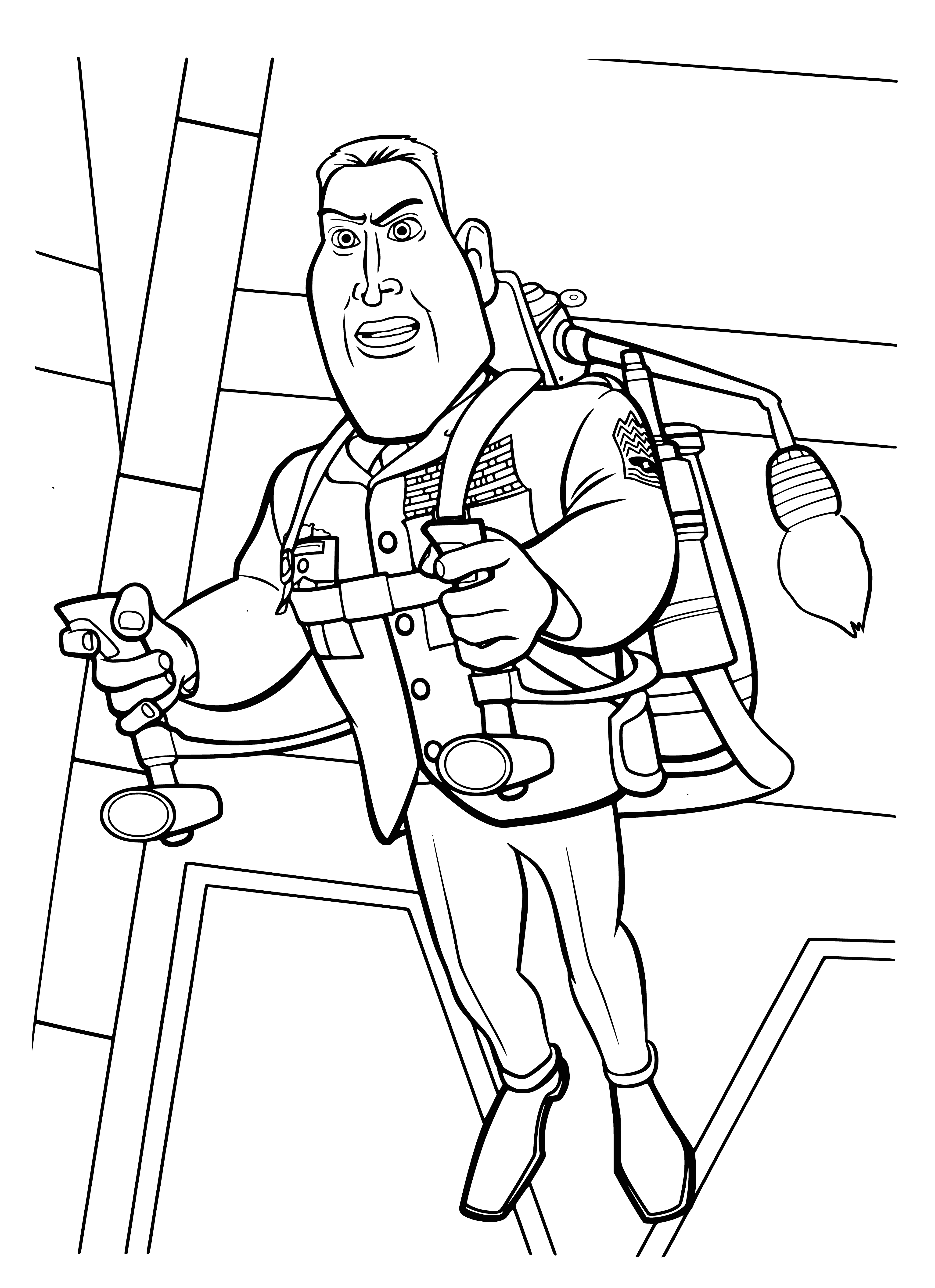 coloring page: An alien creature, General Voyaker, stands tall with gun and sword in hand, large purple cape and rubble at feet. (#monstersvsaliens)
