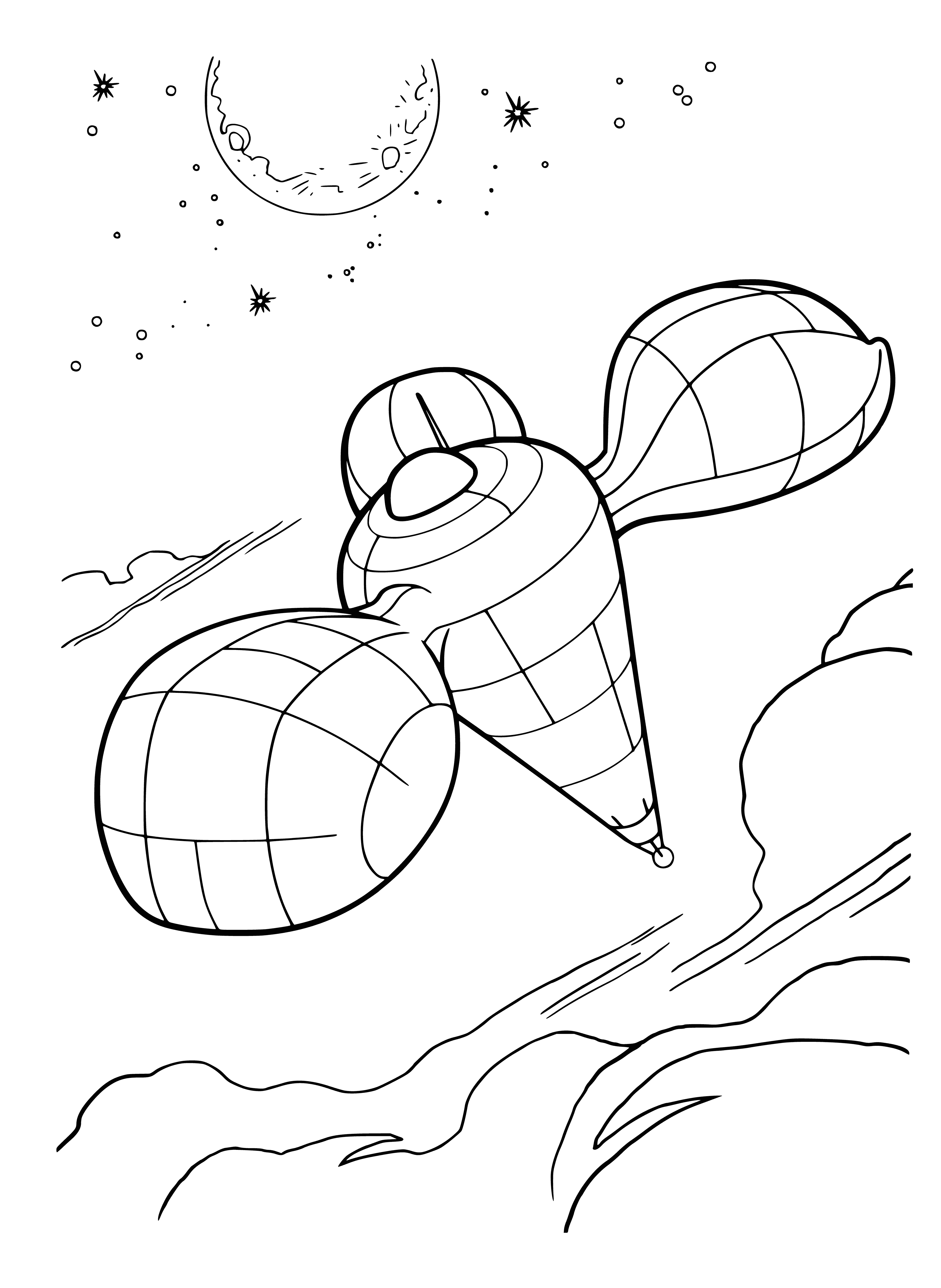 coloring page: Large dark triangle-shaped spaceship w/ bright lights, 2 oval windows, small rect. window, 3 large exhaust pipes on back & 2 small ones on sides.