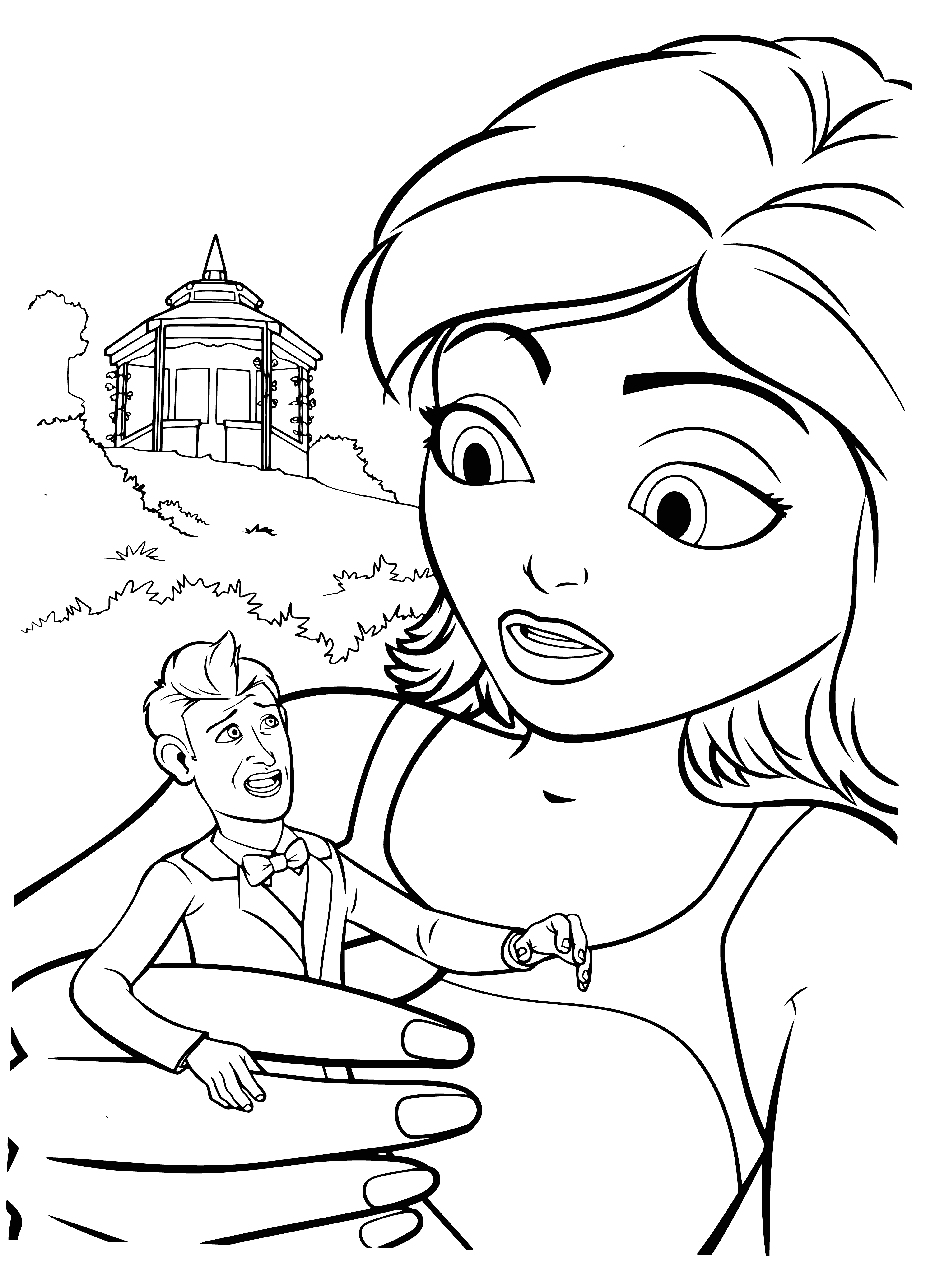 coloring page: Girl, 15 yrs, short brown hair, green eyes, wearing white shirt, blue jacket, jeans, & glasses.