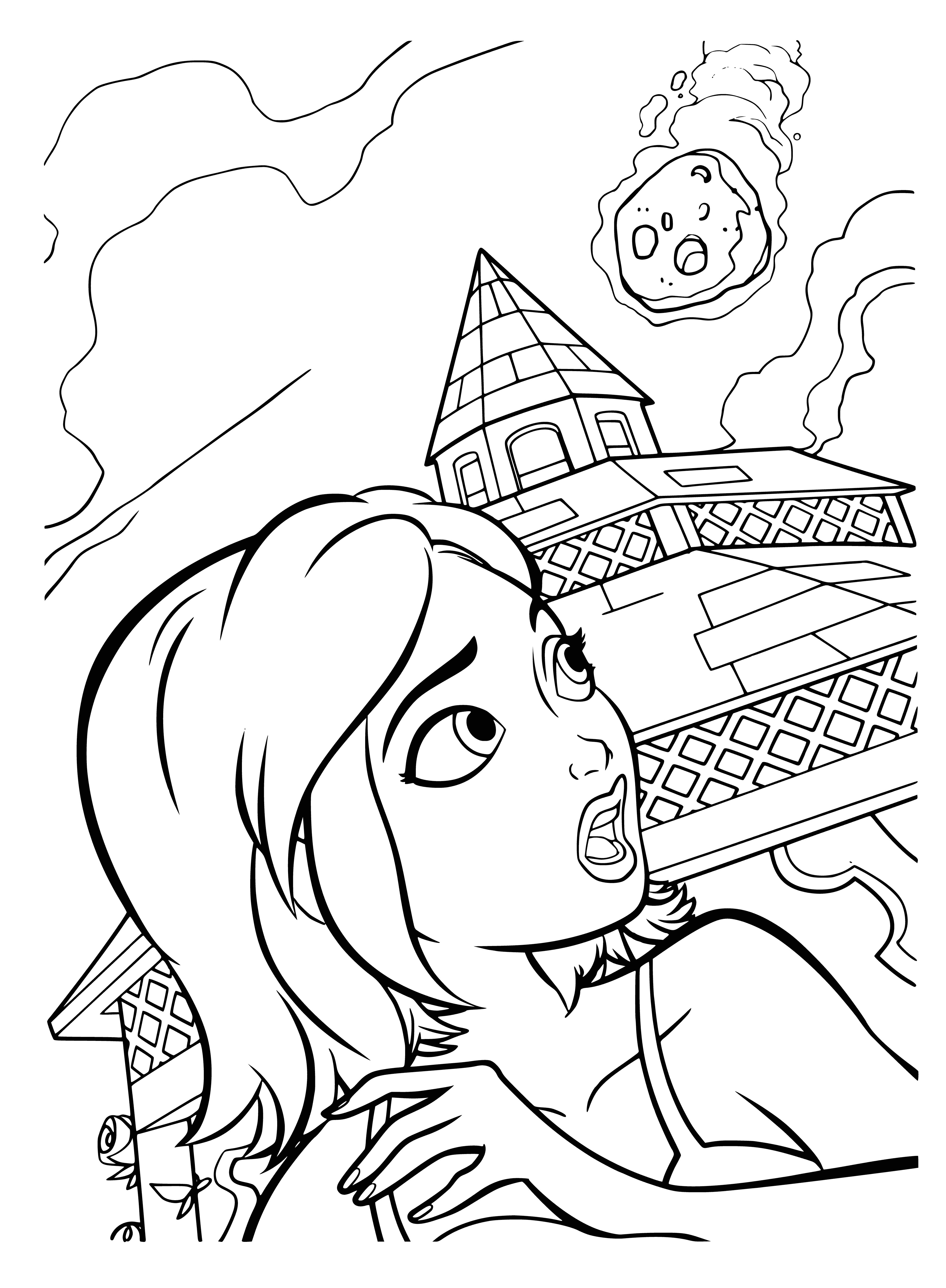 coloring page: Woman stands in a desert, wearing a long, green dress and a rock on her head.
