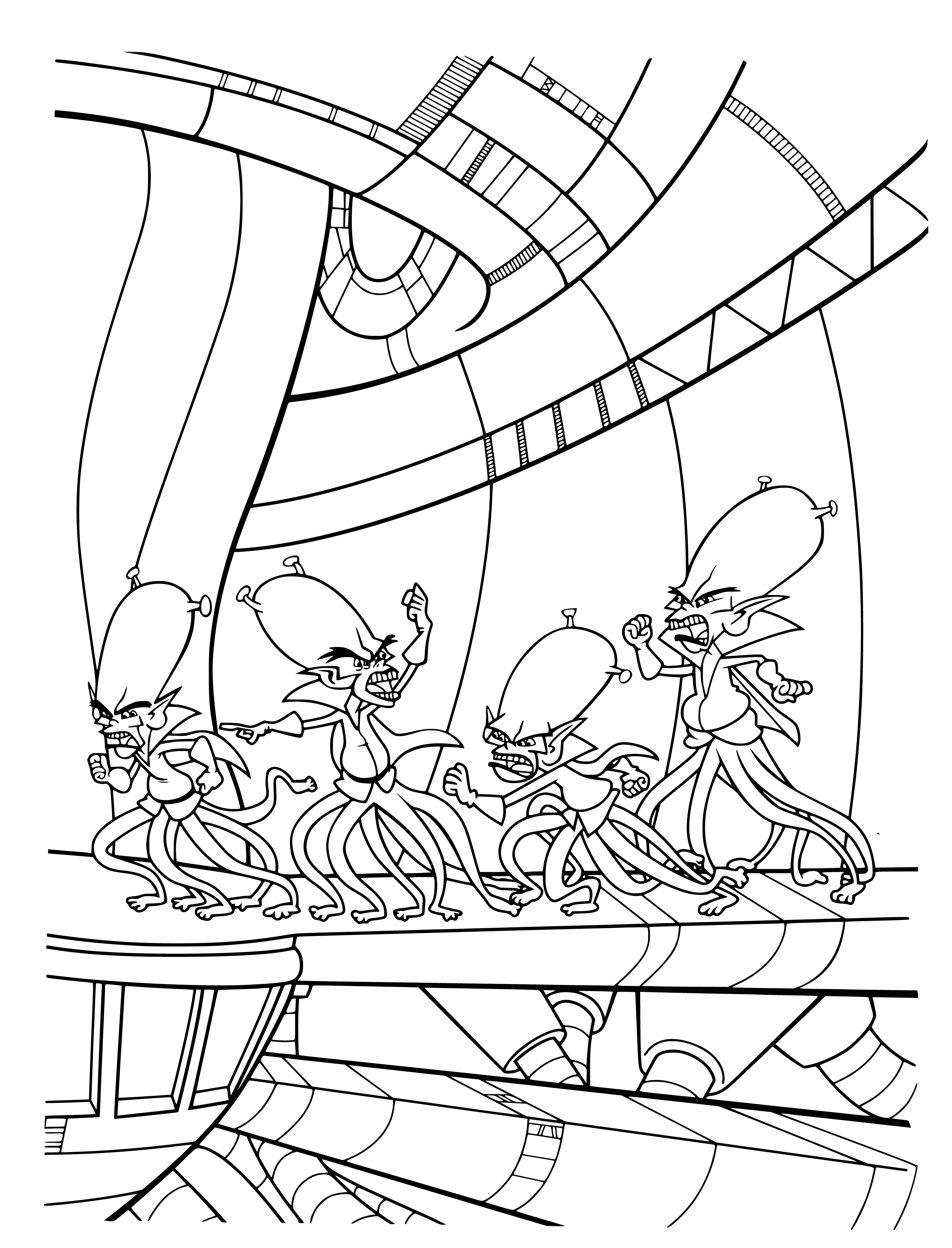 coloring page: Swarms of blue Galactosar clones line up, ready to attack with sharp teeth and claws, and red, glowing eyes.