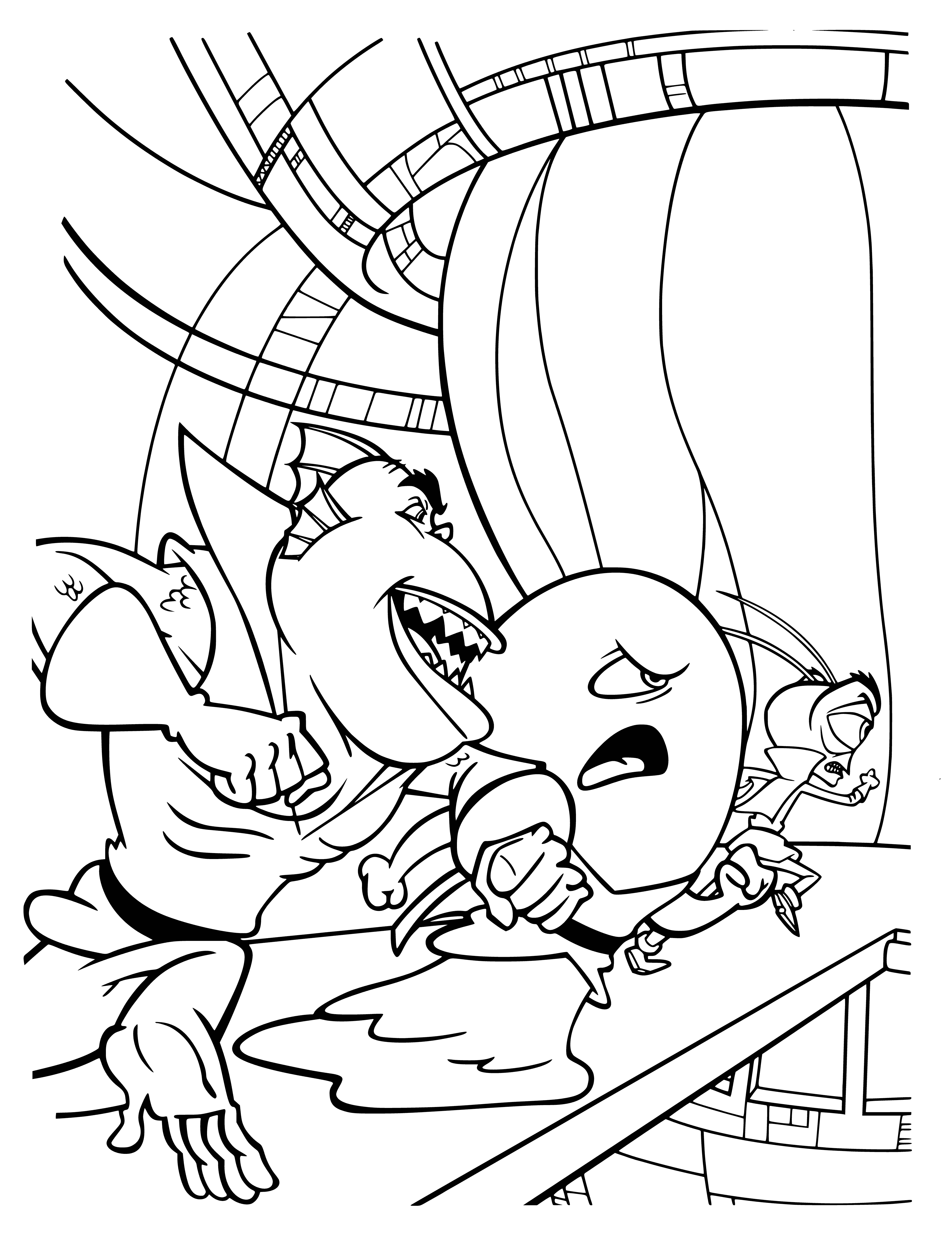 coloring page: A small human faces off against a menacing green alien ready to eat its prey in a Monsters vs Aliens coloring page.