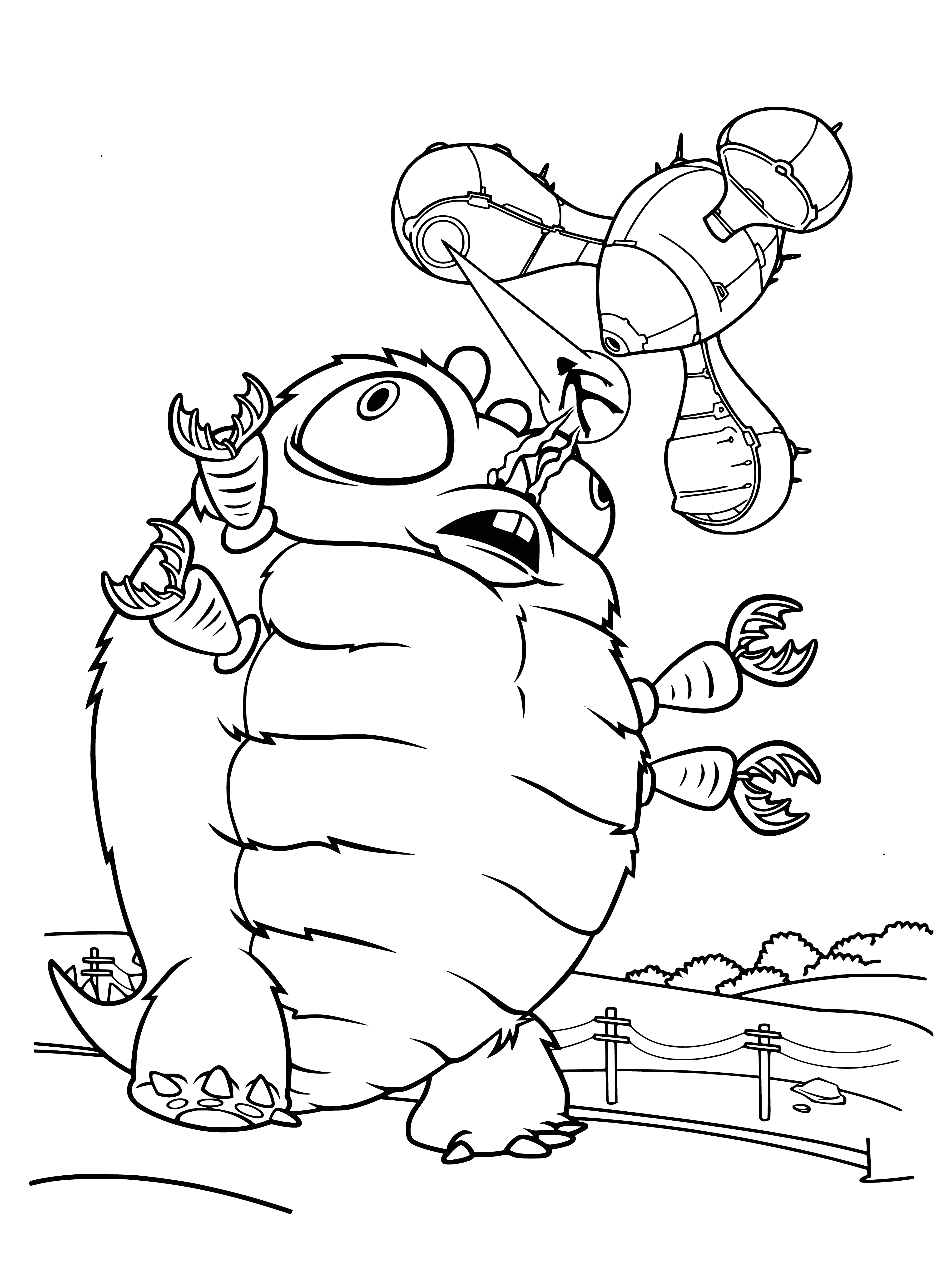 coloring page: Large blue horned creature w/ multiple eyes, spikes, teeth, claws & long tail.