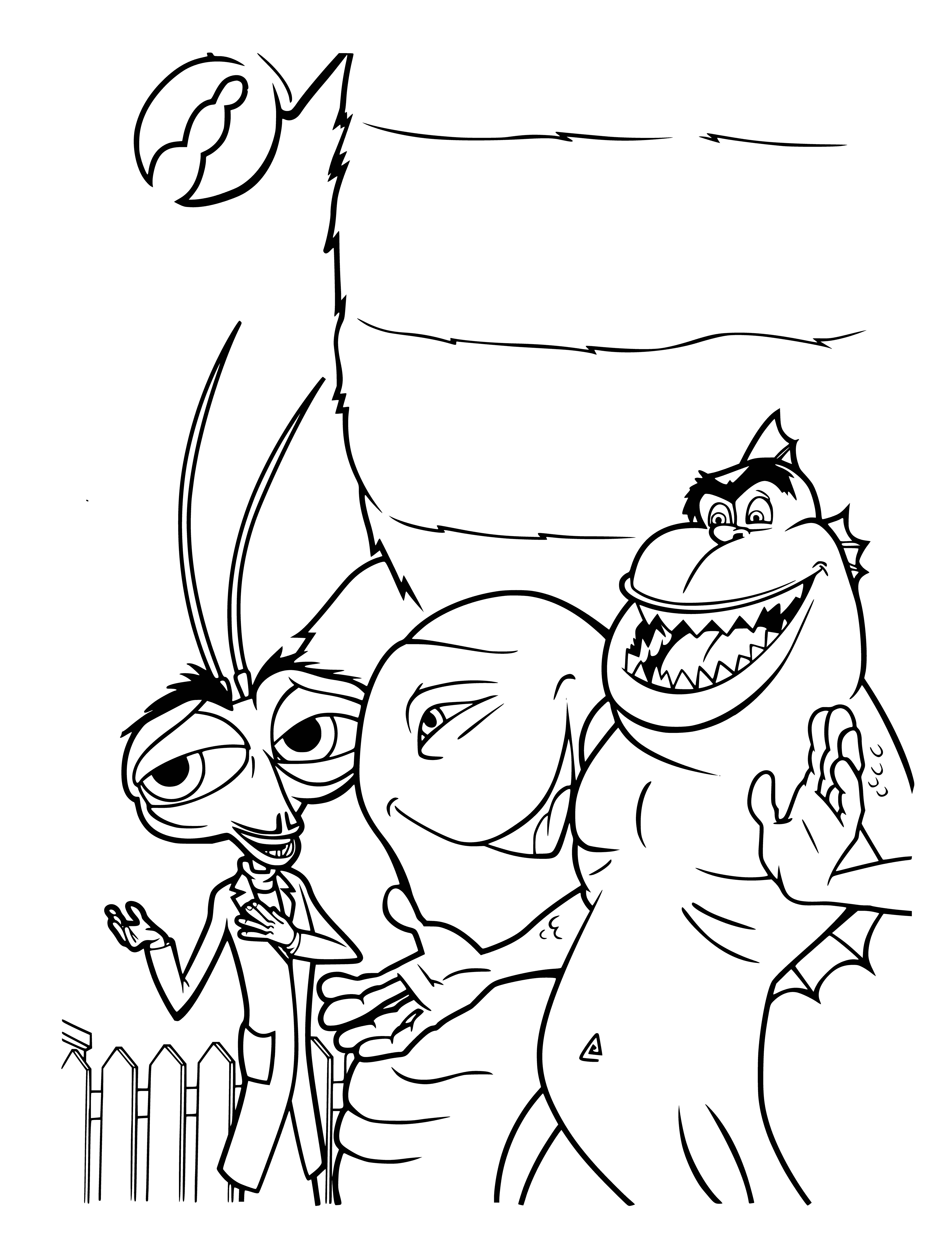 coloring page: Monsters & aliens stand around a smiling human woman in a friendly gathering.