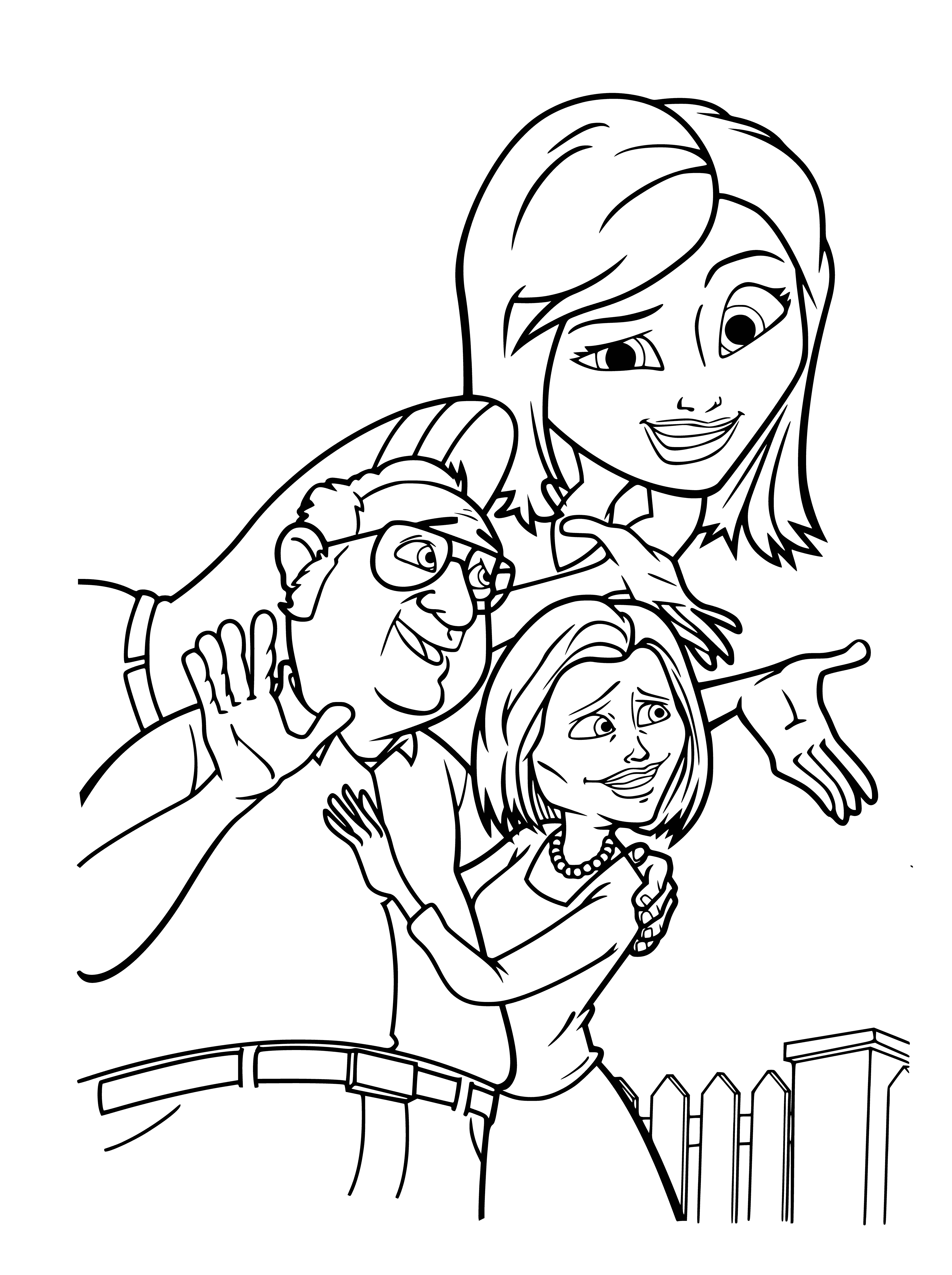 coloring page: Parents' physical features: short, large head; mom blonde, dad brown, both green eyes. Dad red shirt, mom white. #family