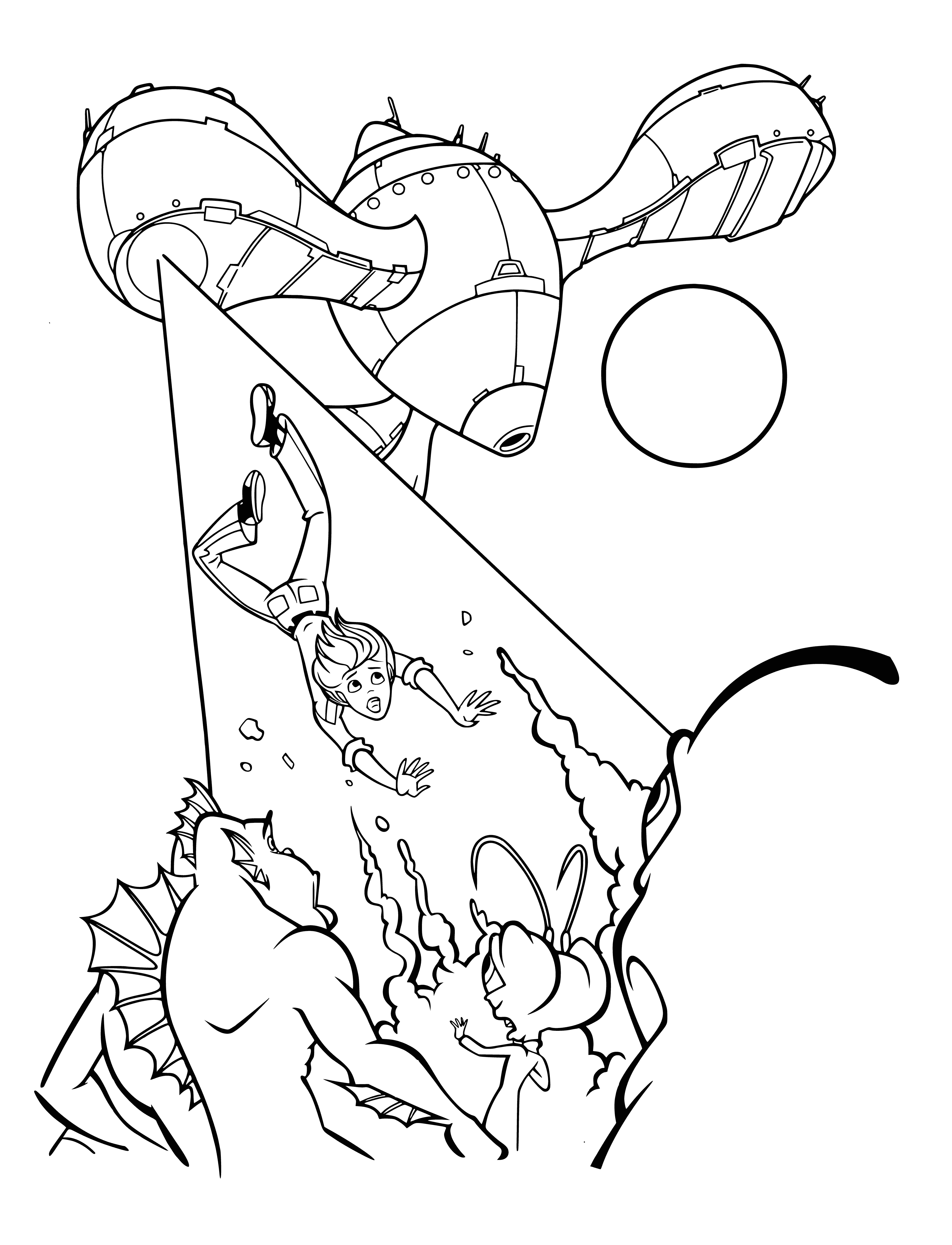coloring page: Aliens are kidnapping a giant purple creature with a ray gun in this coloring page, but Gigantika is fighting back!