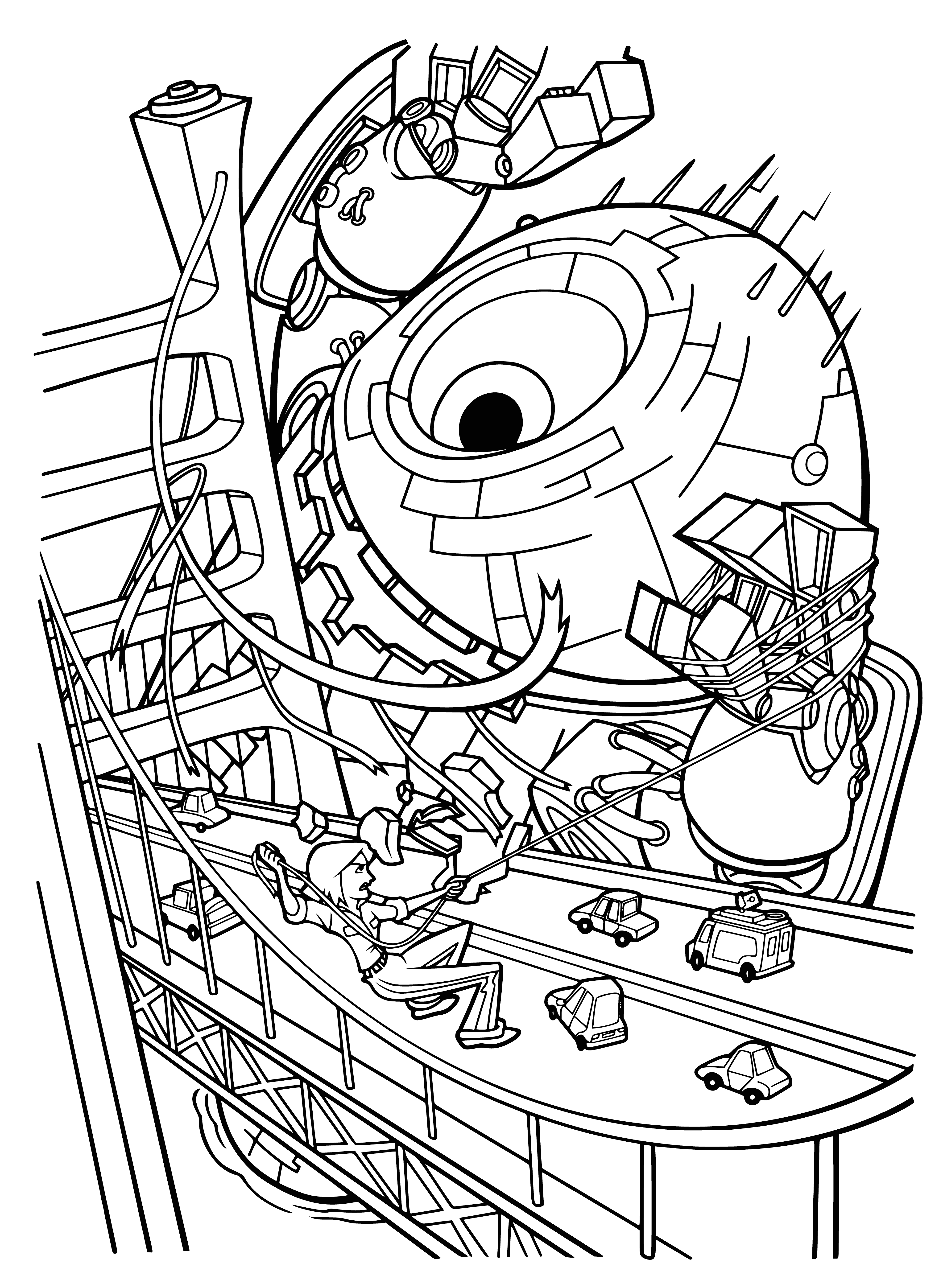 coloring page: Robot vs. monsters & aliens with umbrellas on a page - who will win?