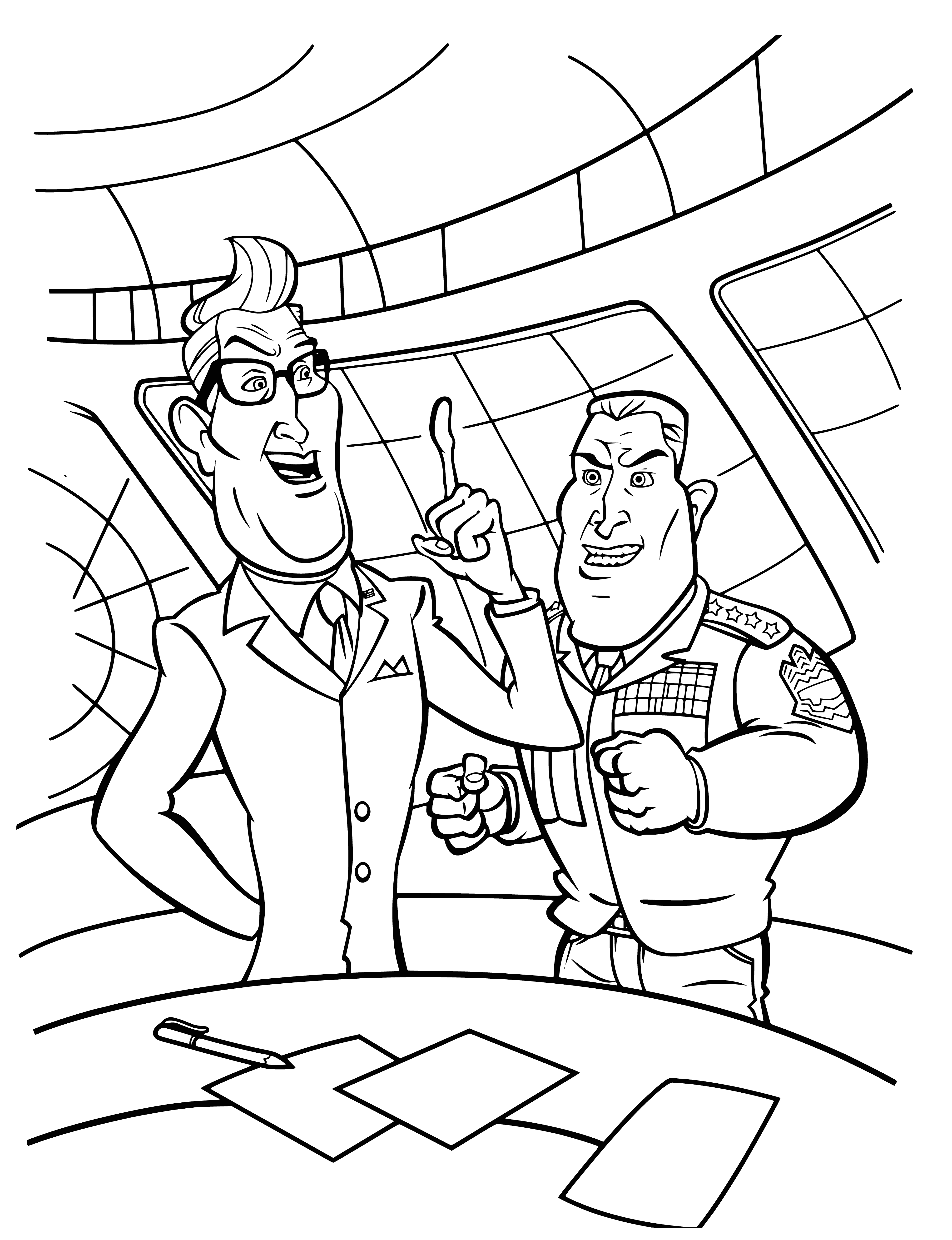 coloring page: President and Voyaker in a spaceship. Both in white space suits, President talking on radio, Voyaker looking at computer screen. #SpaceshipAdventures