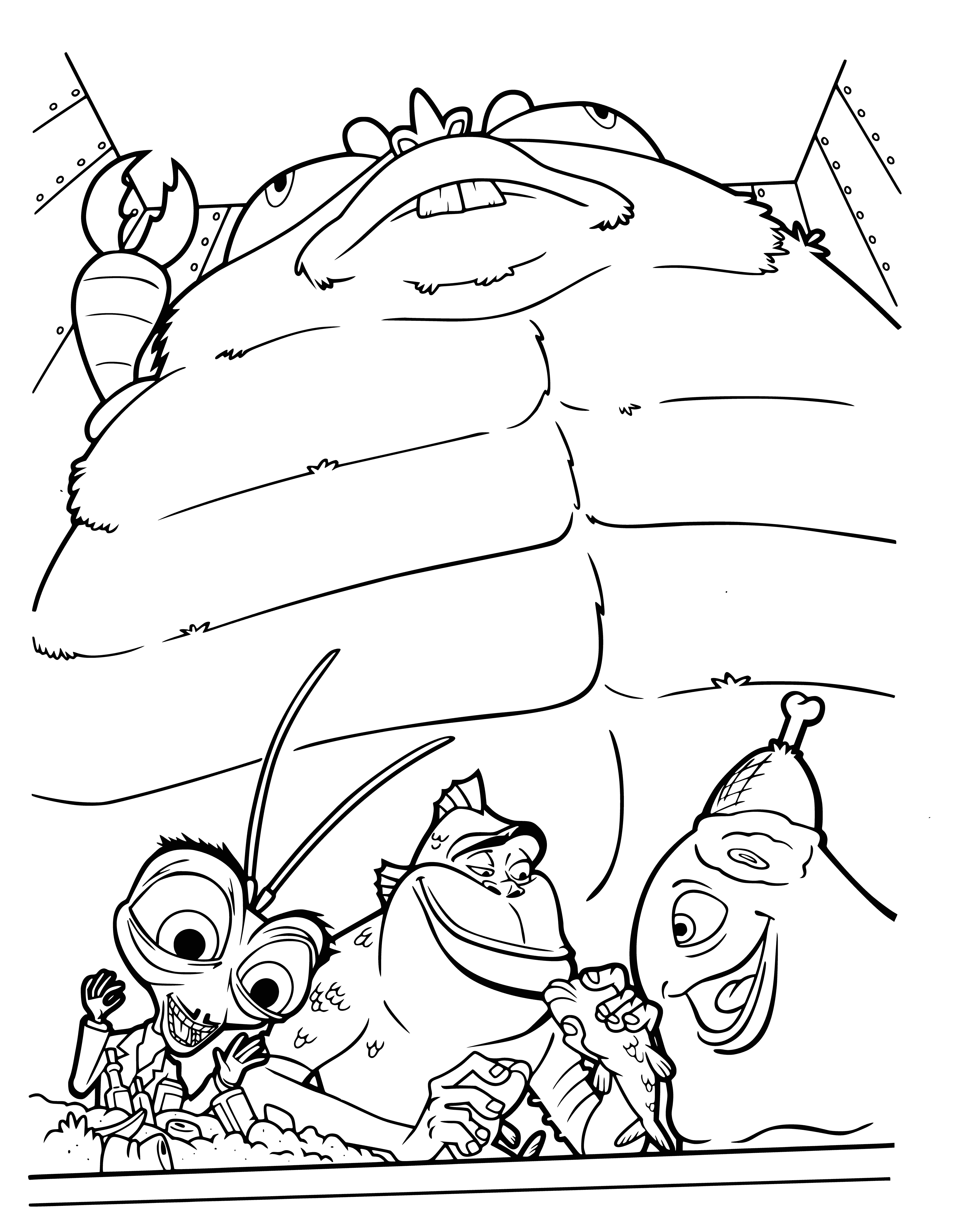 coloring page: Team led by General W.R. Monger (B.O.B., Insectosaurus, Missing Link, Ginormica) battle aliens/monsters threatening Earth using unique skills.