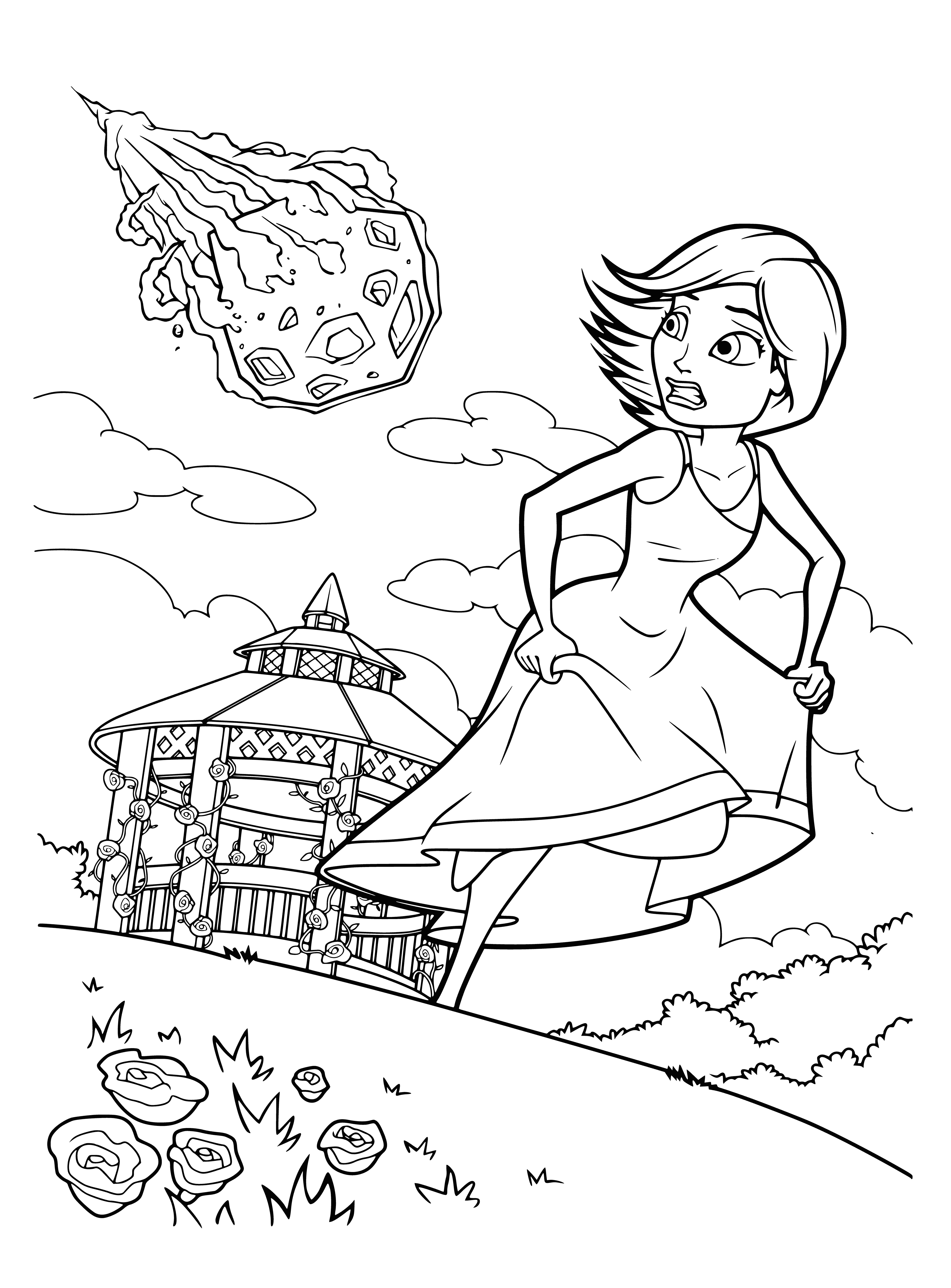 coloring page: President & advisers (an alien/monster) worry as meteorite hurtles towards Earth.