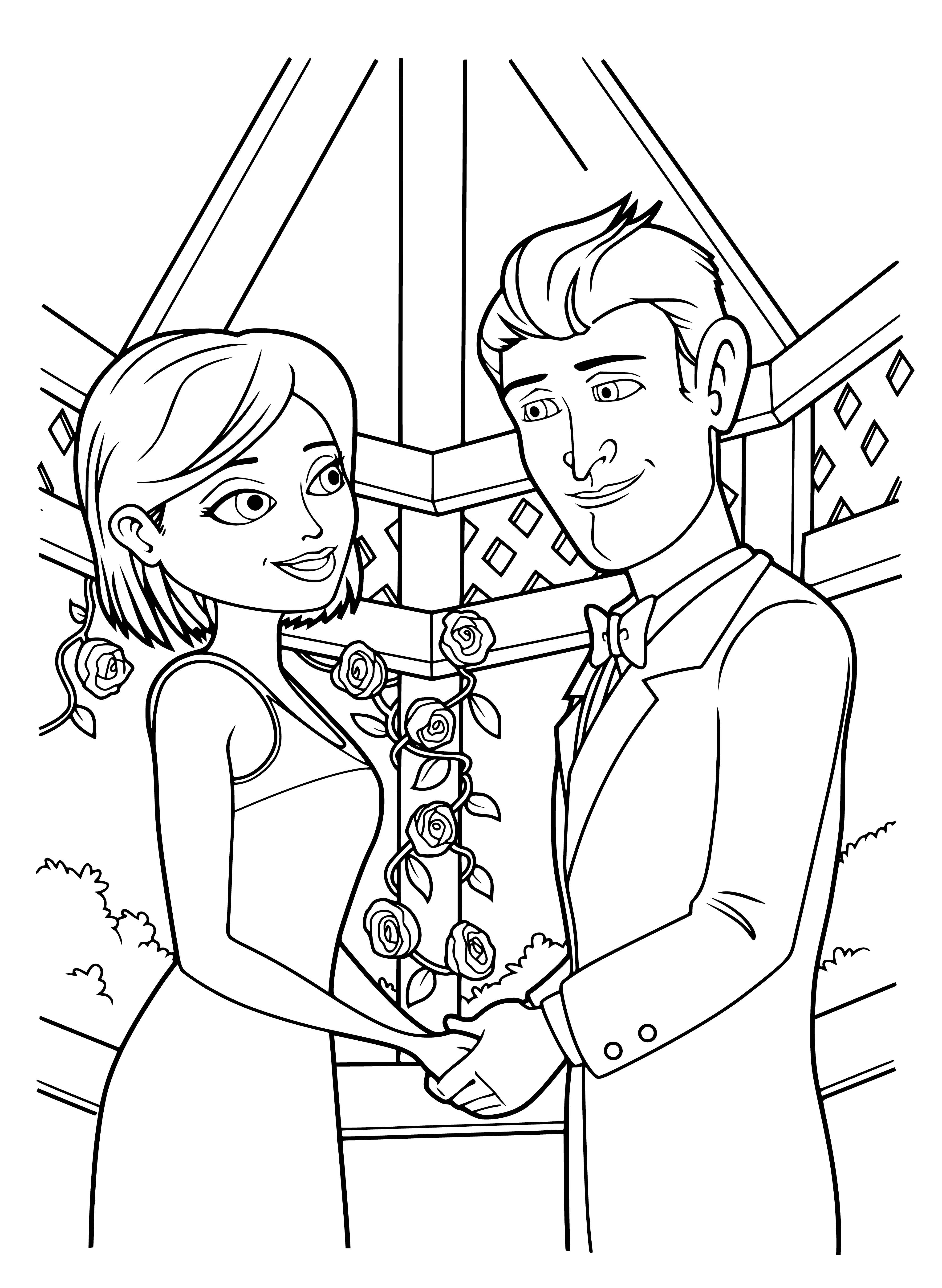 coloring page: Two mystifying beings exchange flowers in a peaceful alien world full of greenery.