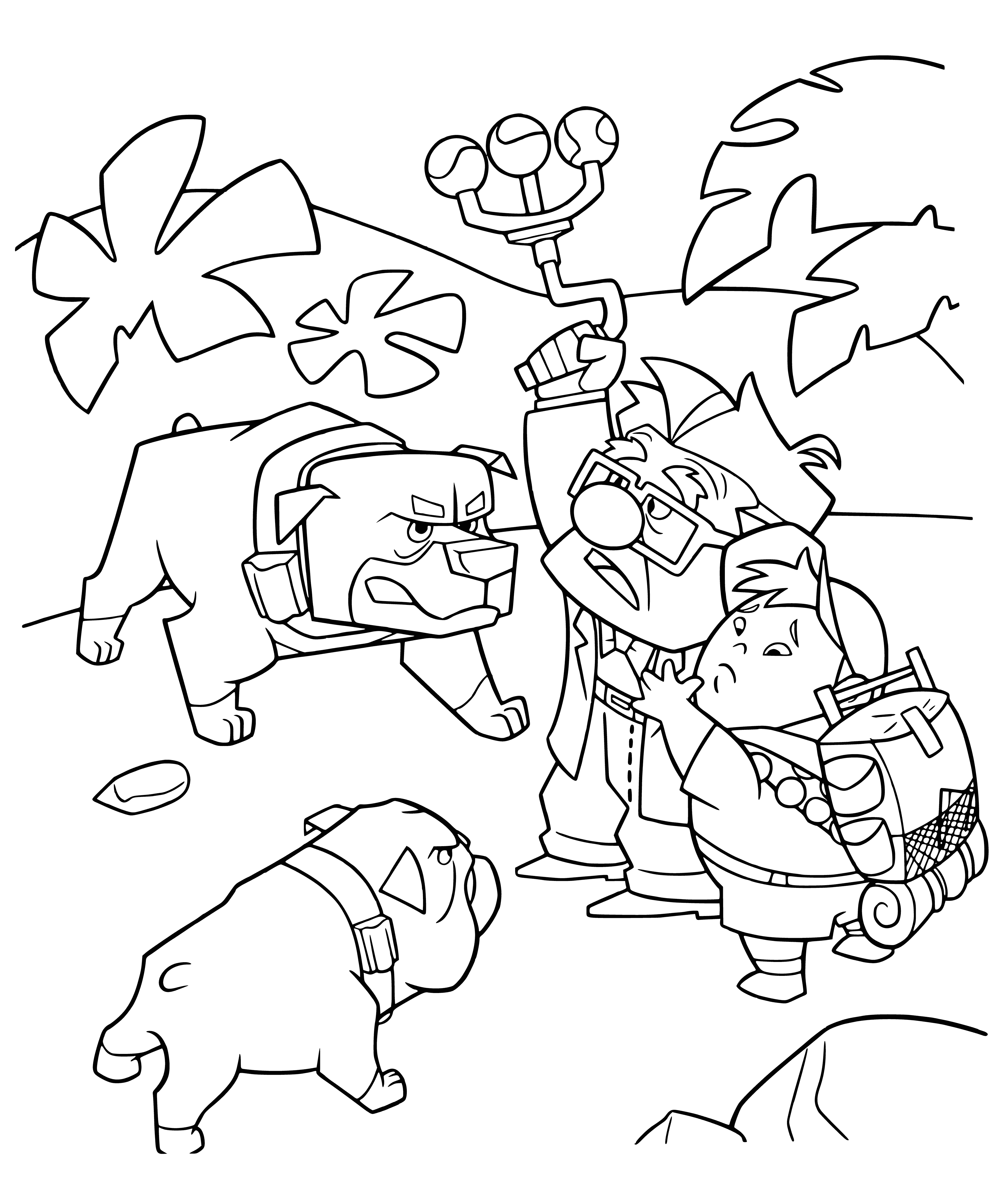 coloring page: Dogs circle up, facing center but nothing there – what could they be waiting for?