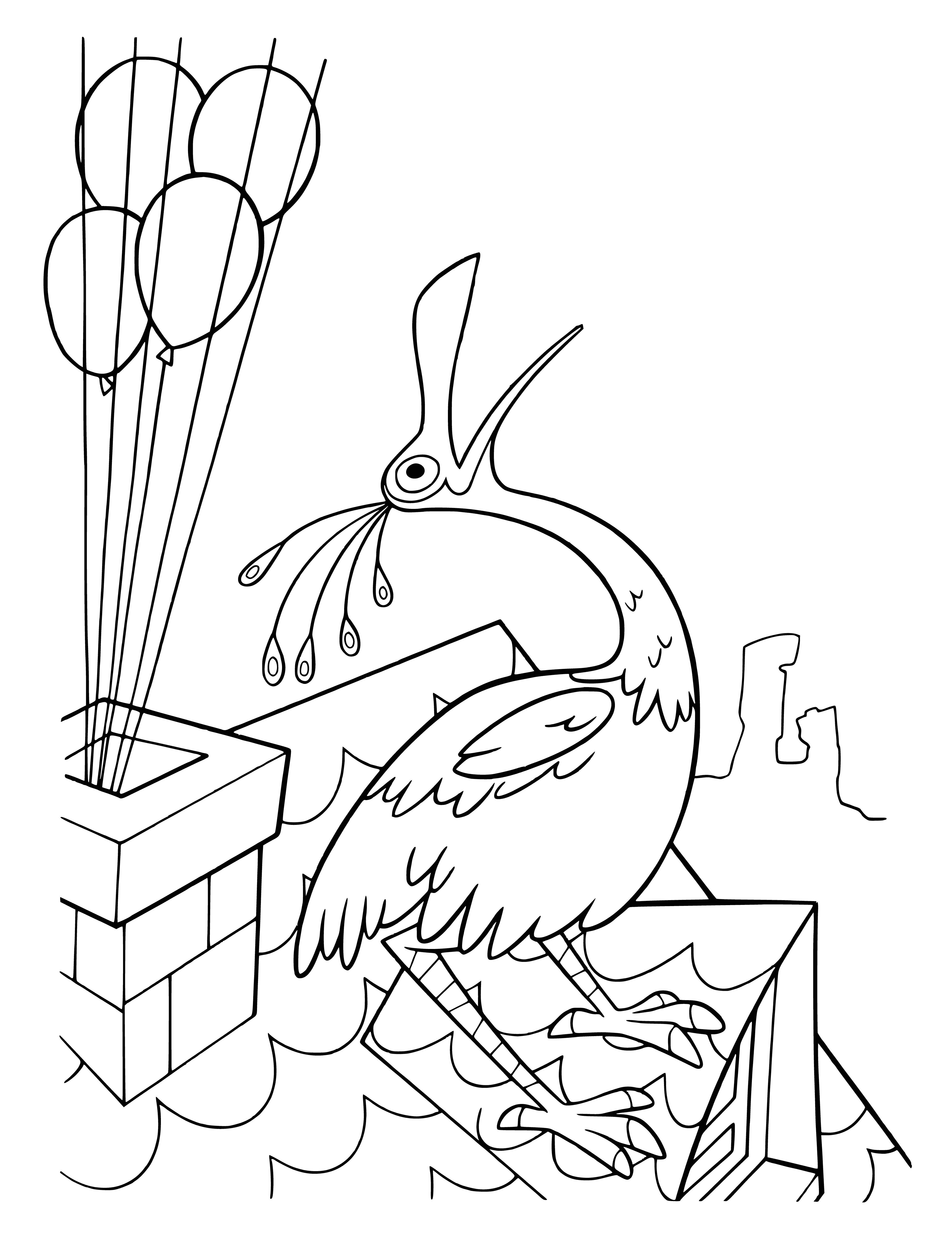 coloring page: A small brown bird sings atop a bare tree branch, eyes closed.