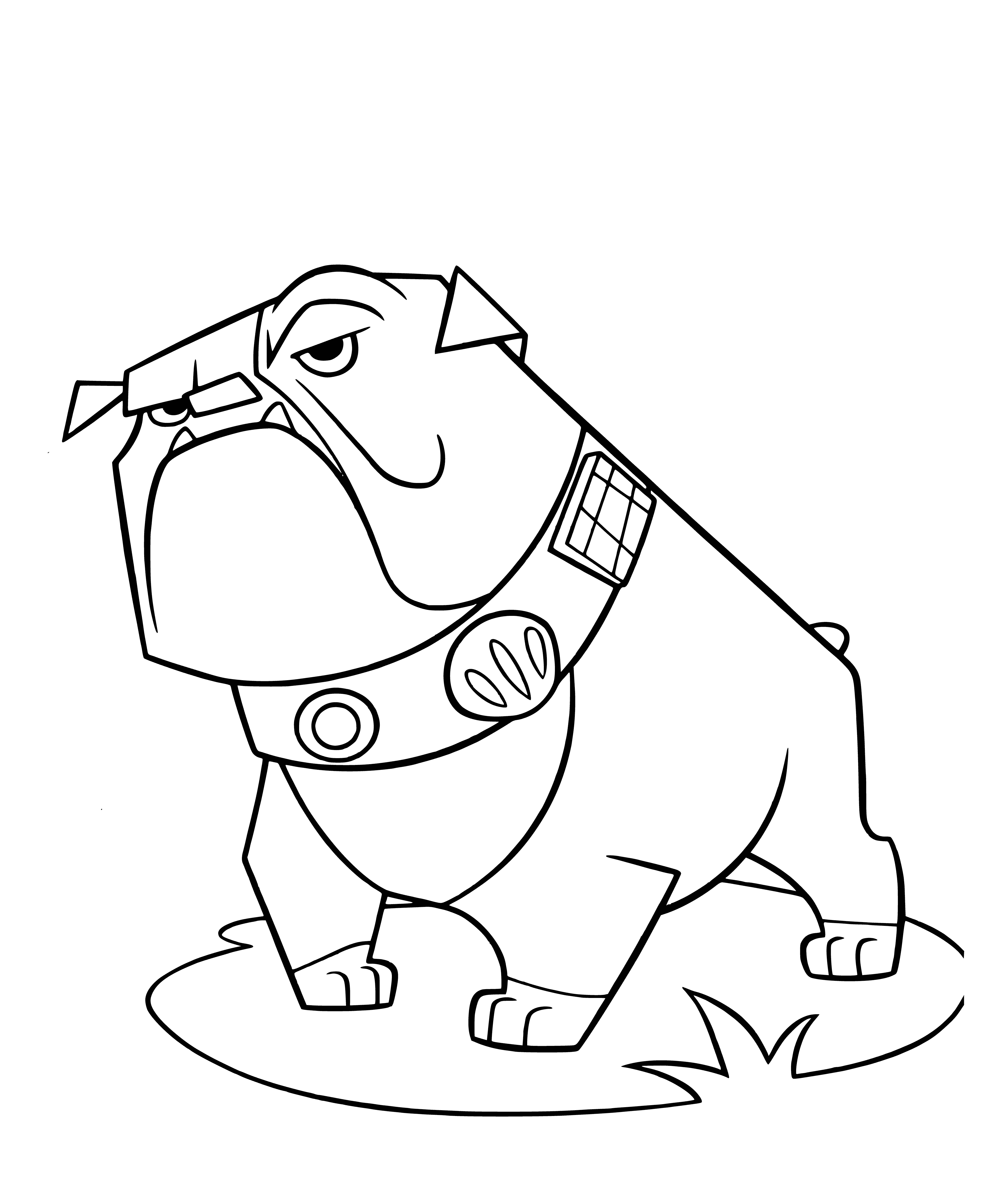 coloring page: Cute bulldog wearing a blue shirt w/ a white 'U' stands on two legs, big head & small body, big black eyes, open mouth & tongue hanging out. #Cartoon #ColoringPage