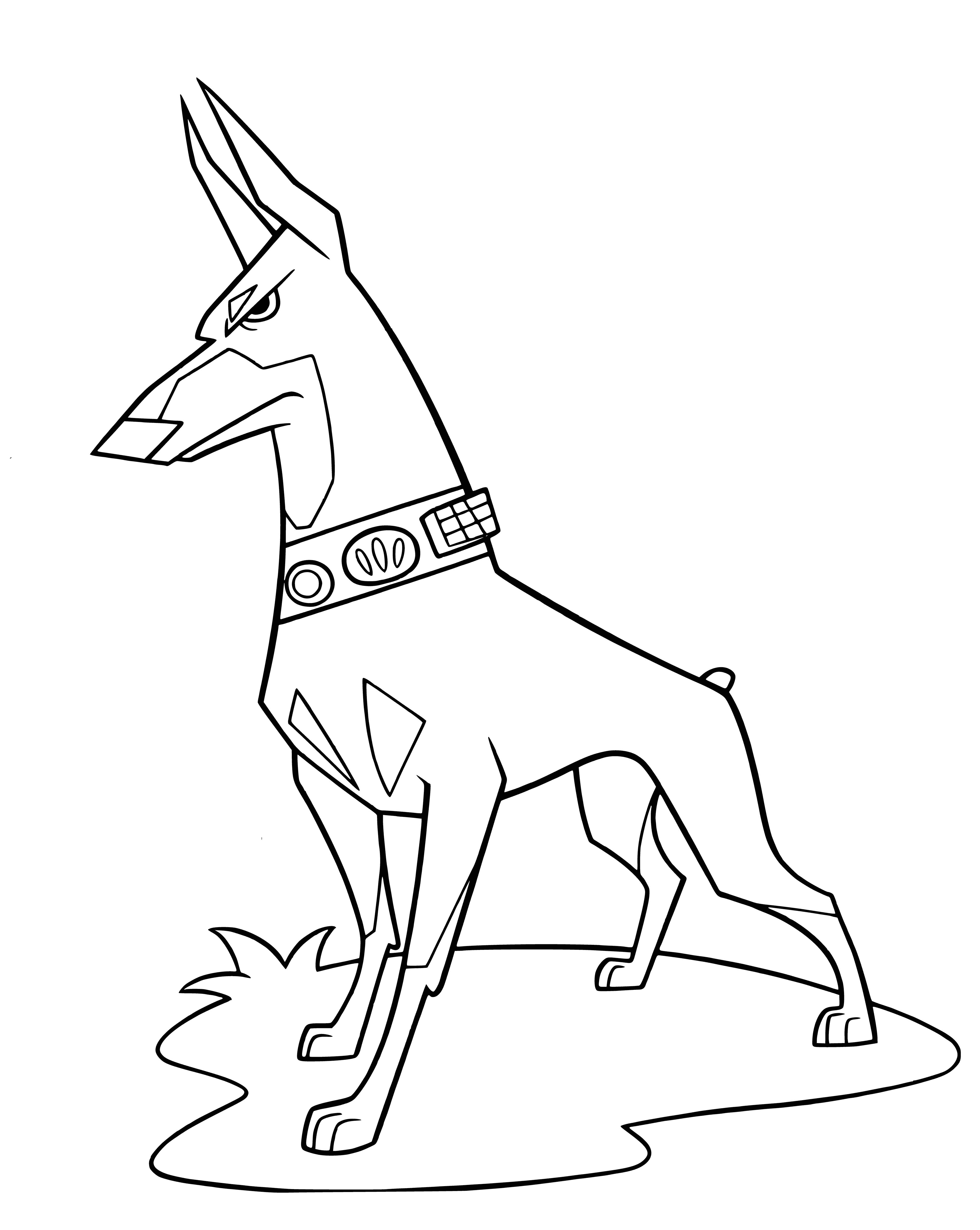 coloring page: Large, brown dog w/ black nose & ears & open, sharp-toothed mouth. Large, brown eyes. Head held high, standing on four legs.