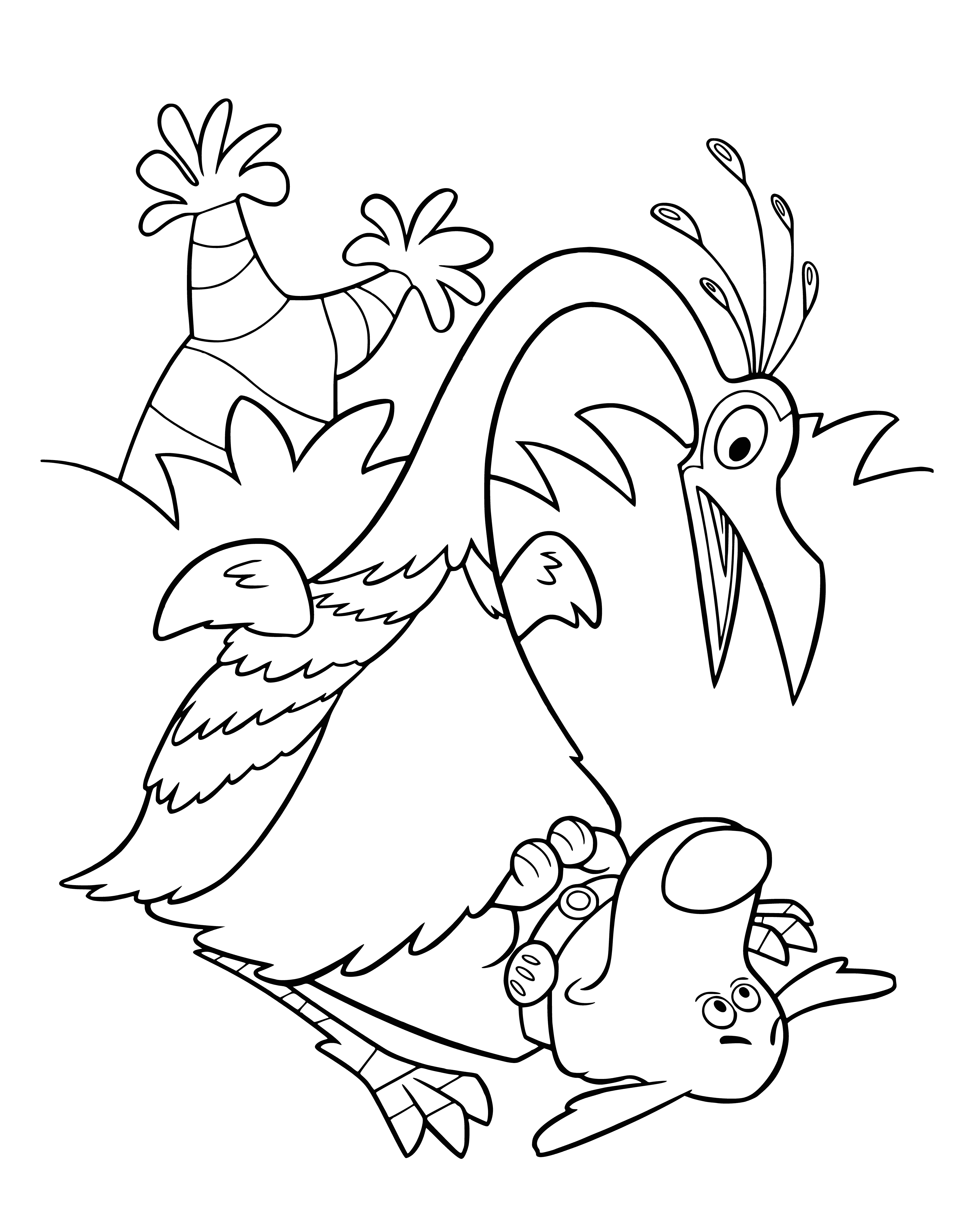 coloring page: A man & woman triumphantly hold a dead duck in the dark forest.