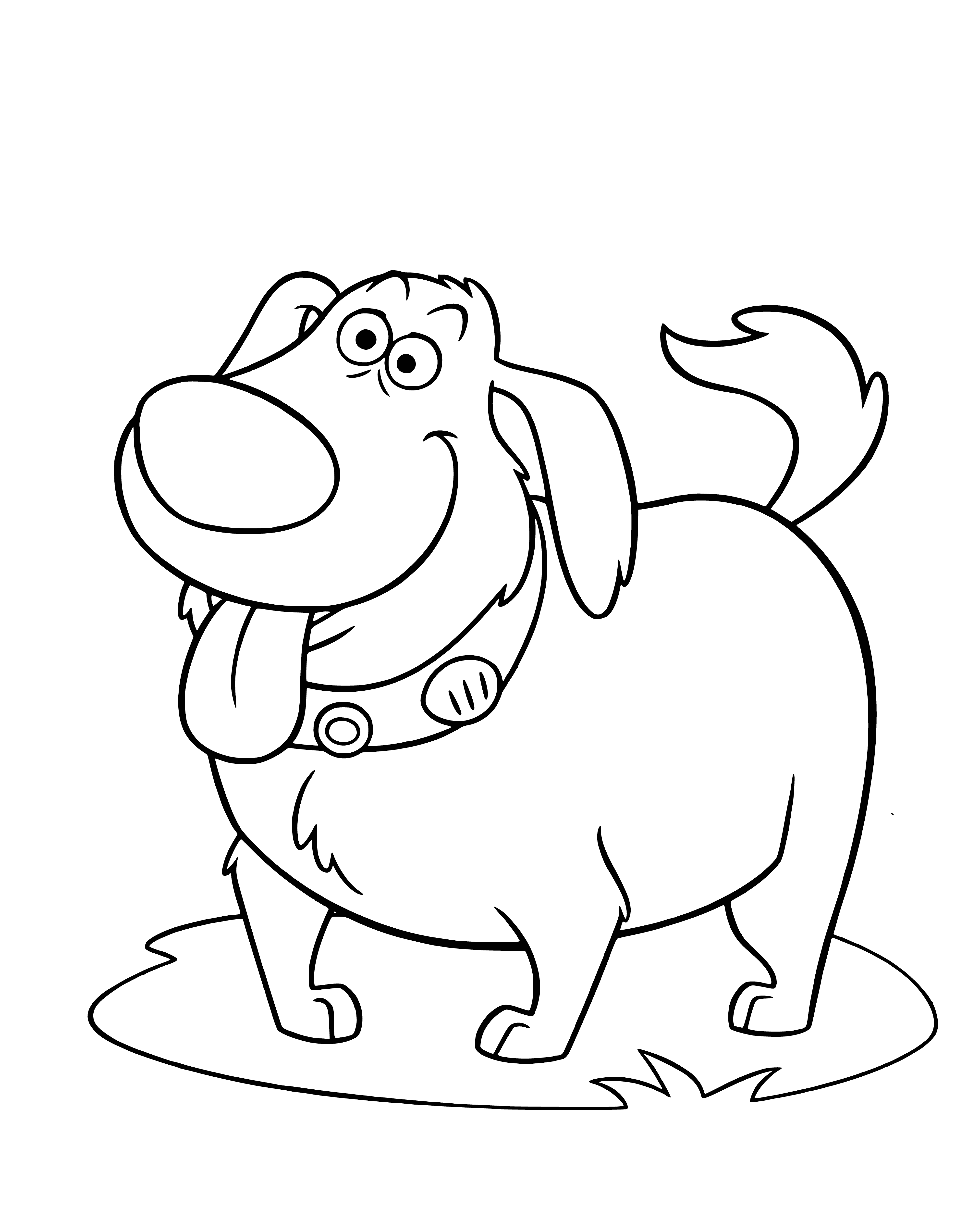 coloring page: Doug is a small, happy and excited white dog with big eyes and floppy ears. Sitting on hind legs, he looks off to the side.