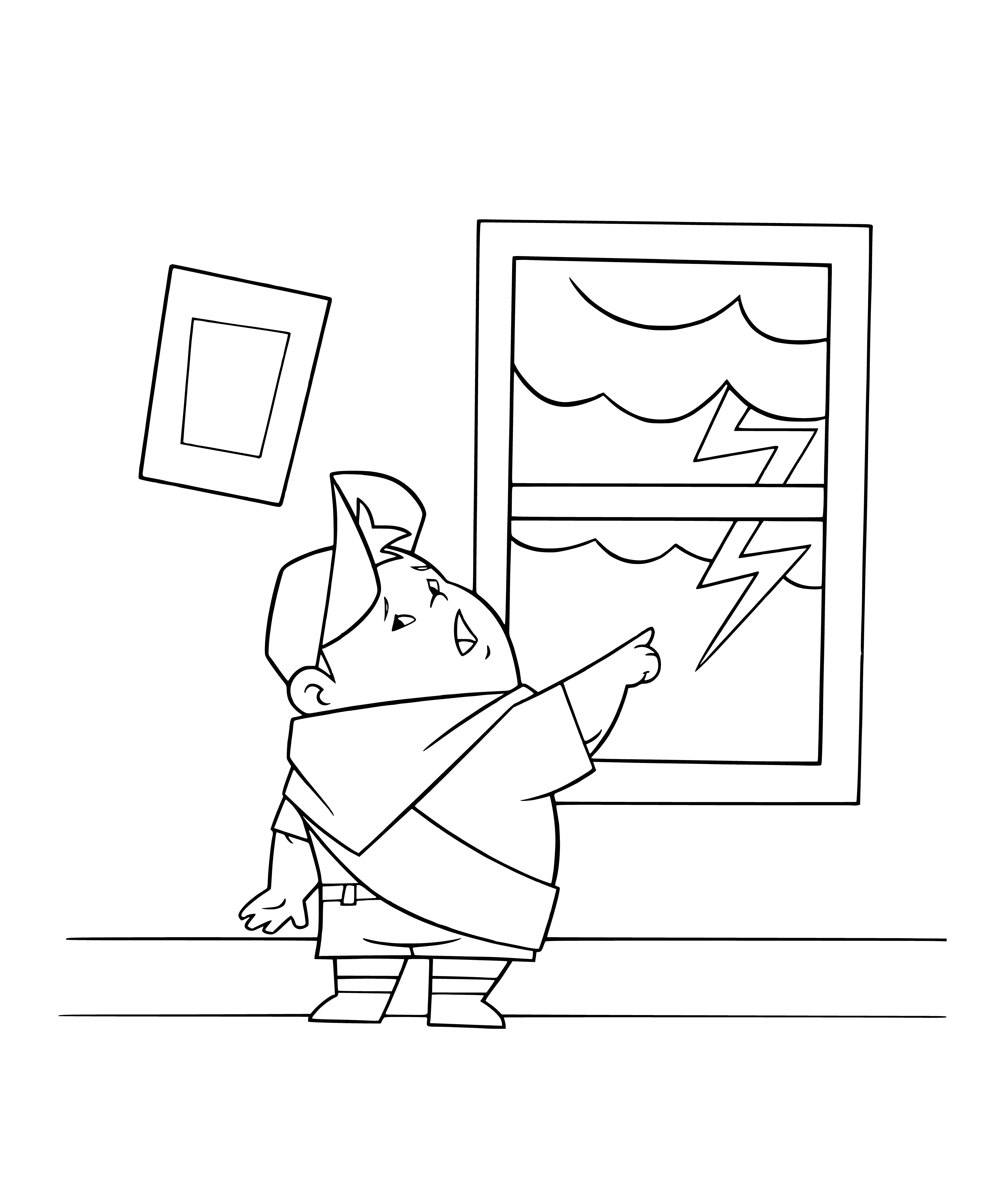 coloring page: Dog tied to balloon, unhappy, above them a big dark storm cloud.