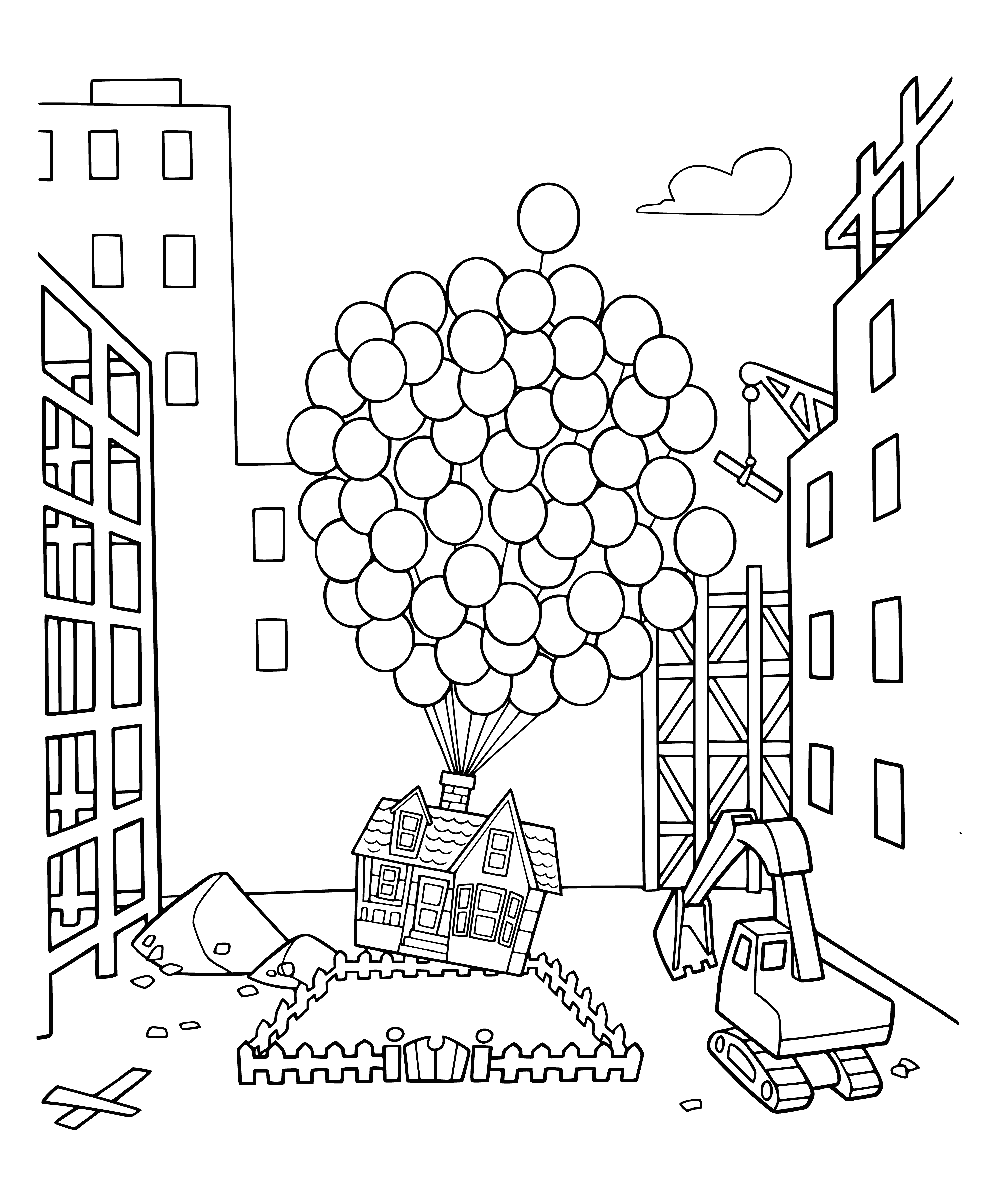 coloring page: A rainbow appears while a flock of birds is singing.

A house is soaring in the sky, sun shining, rainbow and birds singing.
