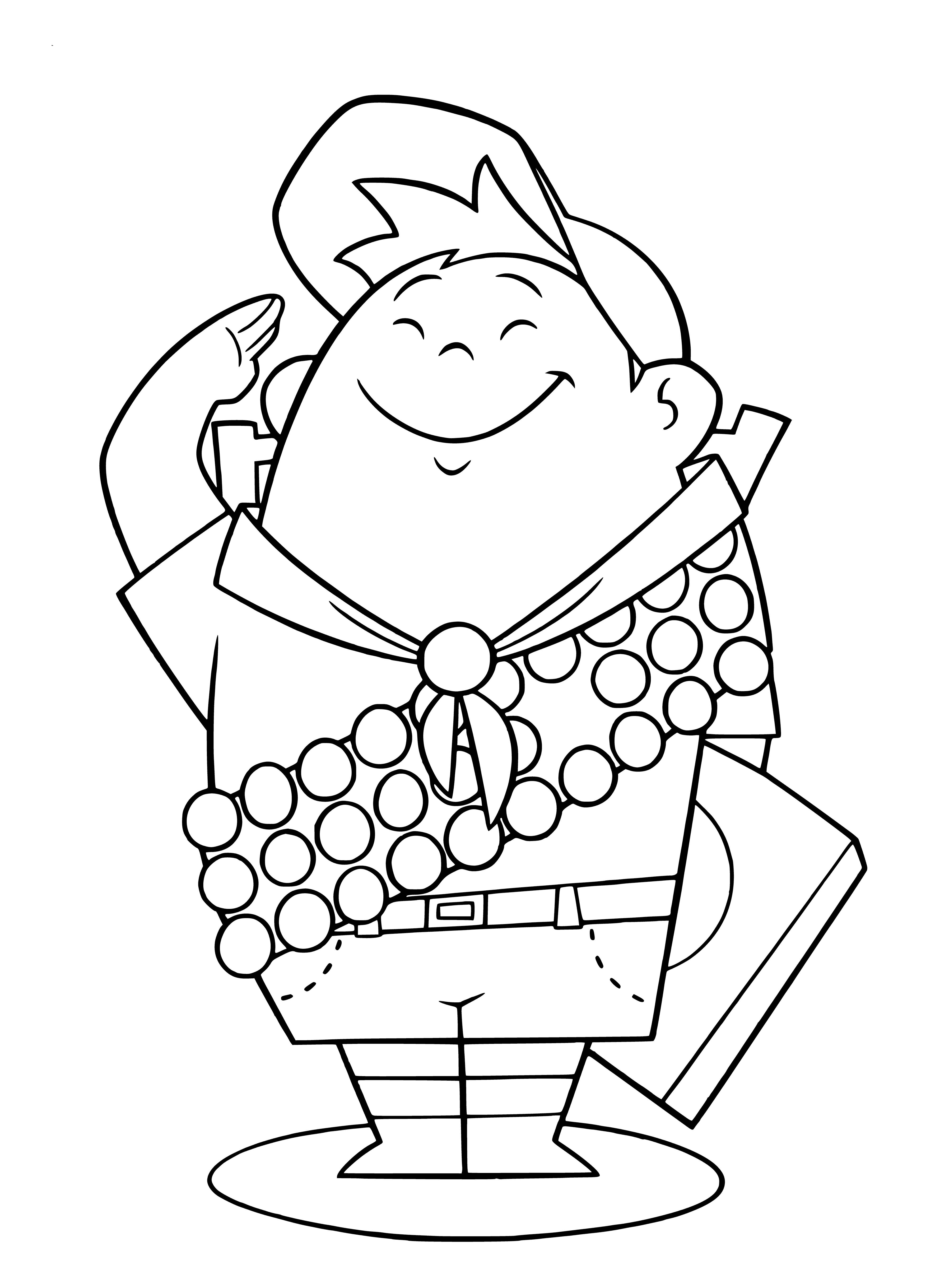 coloring page: Young scout Russel salutes, in uniform w/ neckerchief, belt & pockets, hair combed, serious look on face.