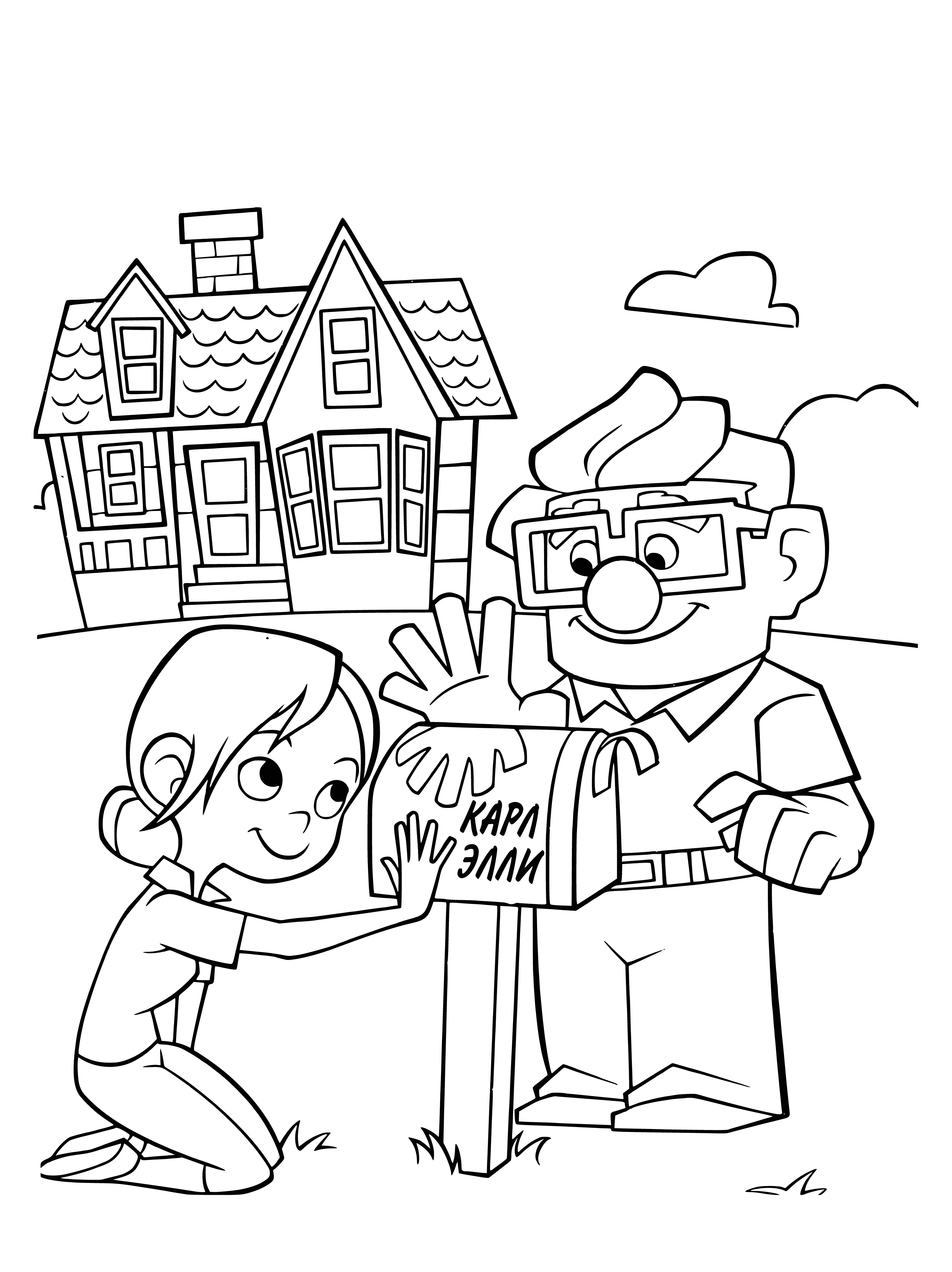 coloring page: Mailbox with American flag, says "Up!" & red house in background.