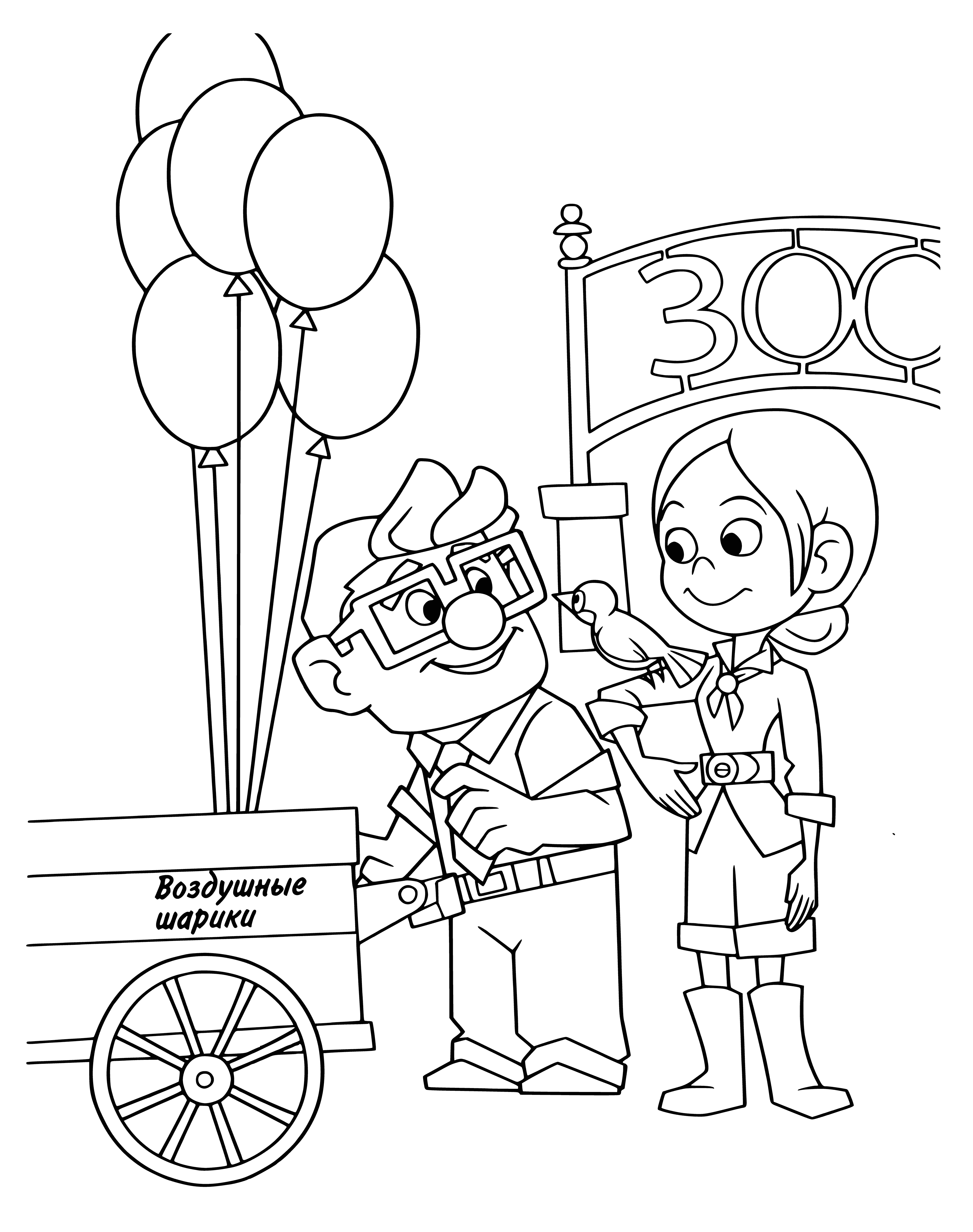 coloring page: Man & woman float up into sky, Ellie holds onto Karl, both smiling happily.