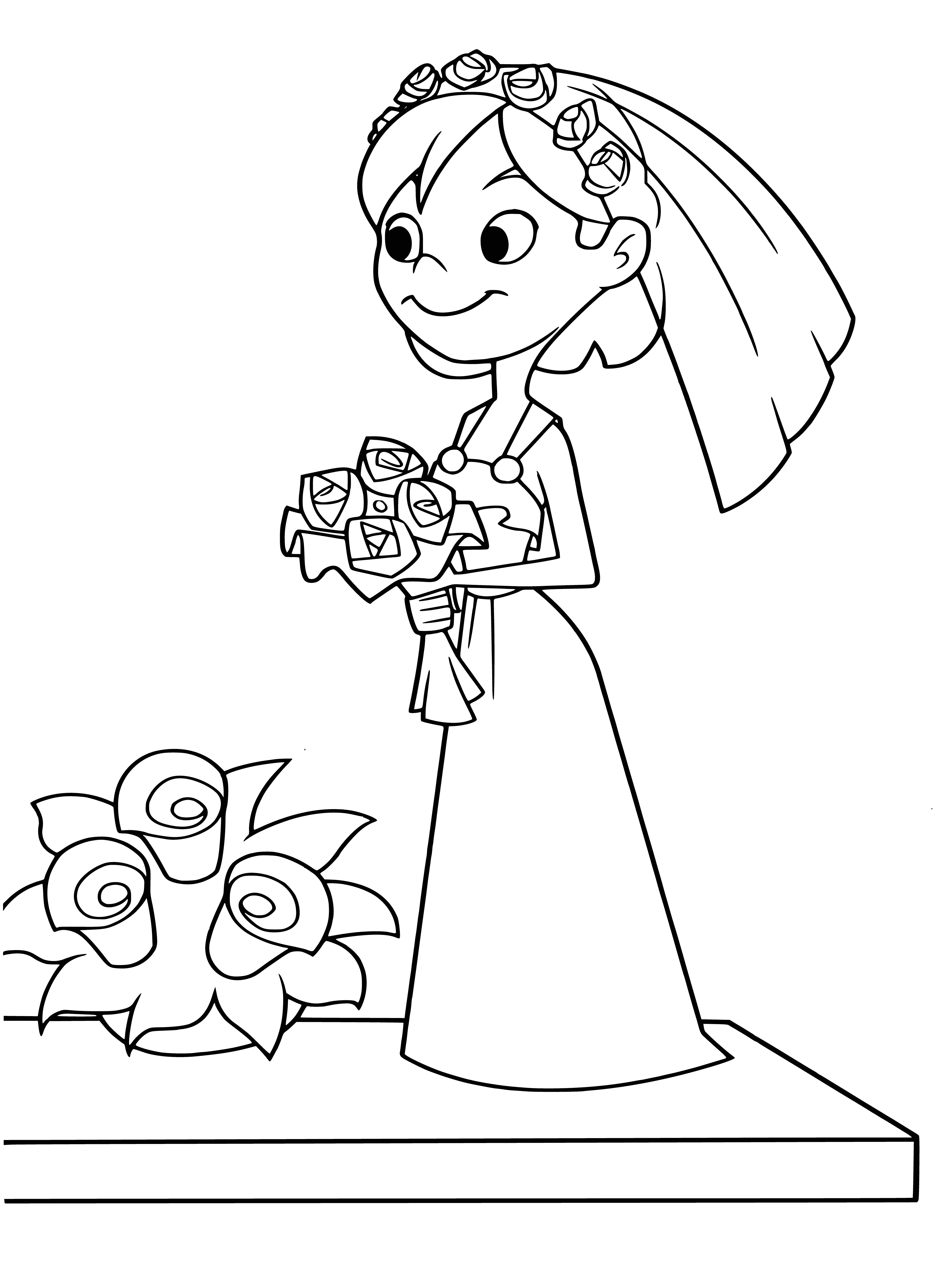 coloring page: She stands at the window, in a long white dress and bun, holding a bouquet of white flowers.