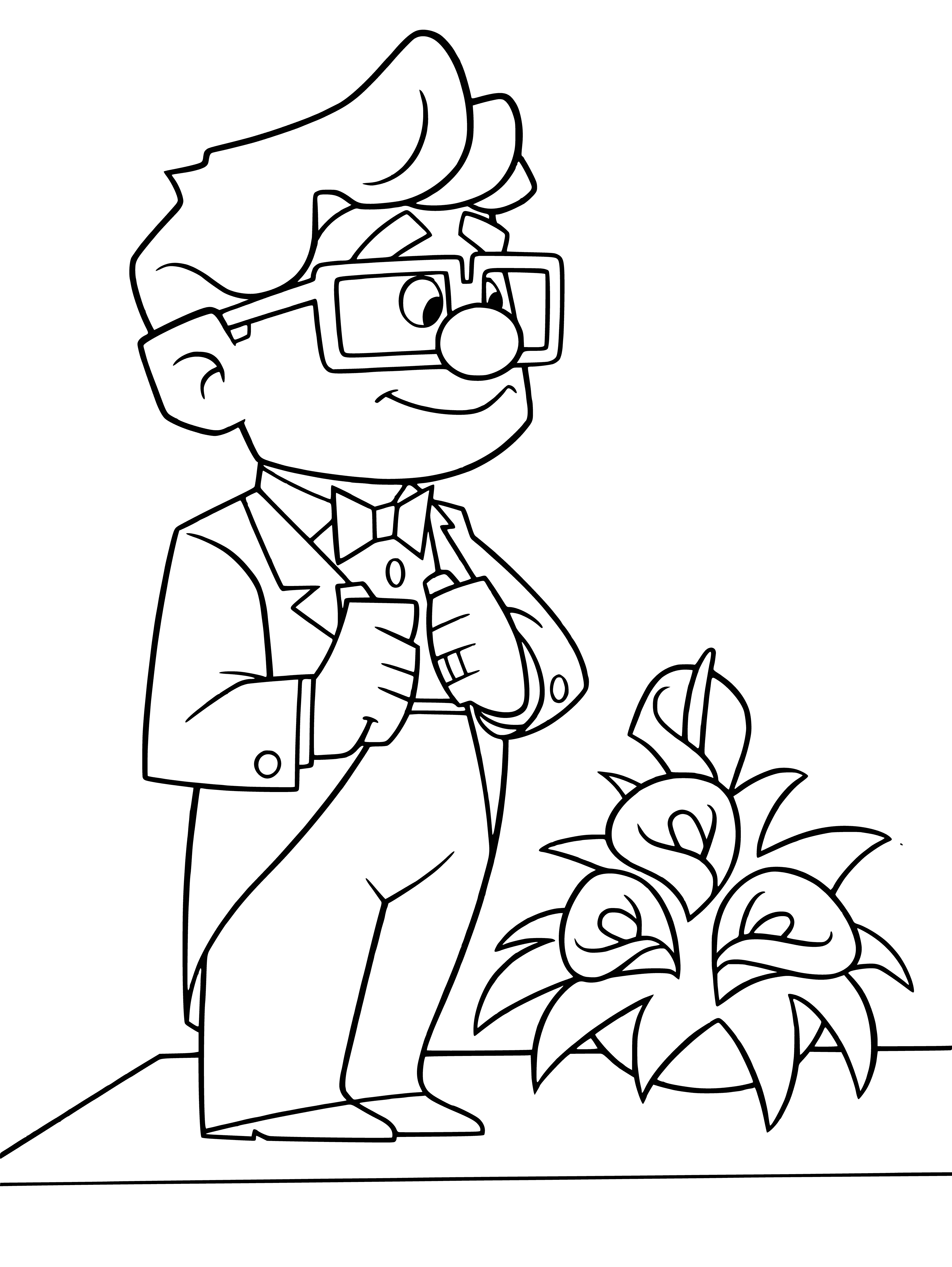 coloring page: Man in blue suit w/ white shirt & red tie, holding flowers, standing in front of window. Dark hair & beard.