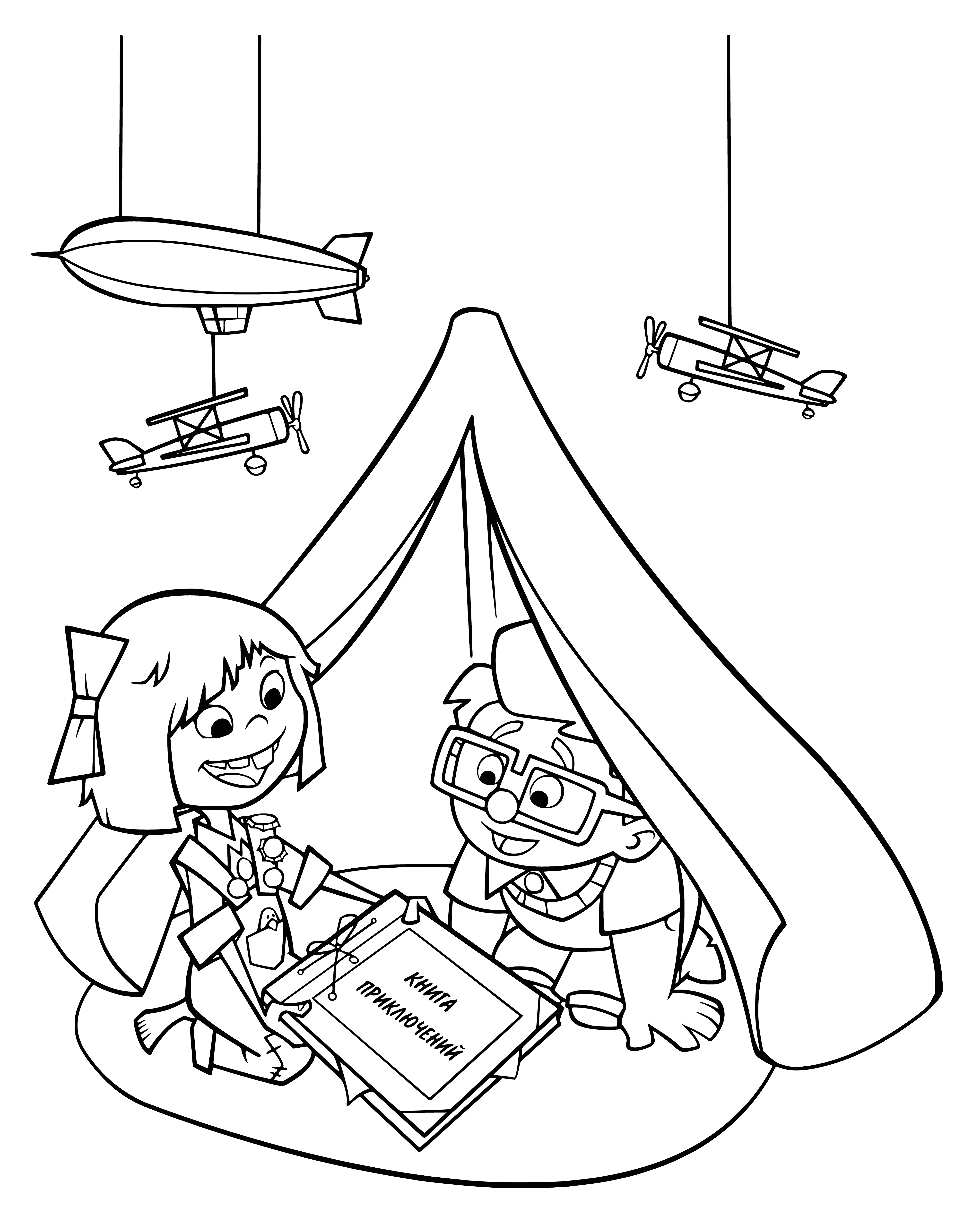 coloring page: Kids excitedly pointing at a coloring page of a red, white, and blue hot air balloon with a basket.