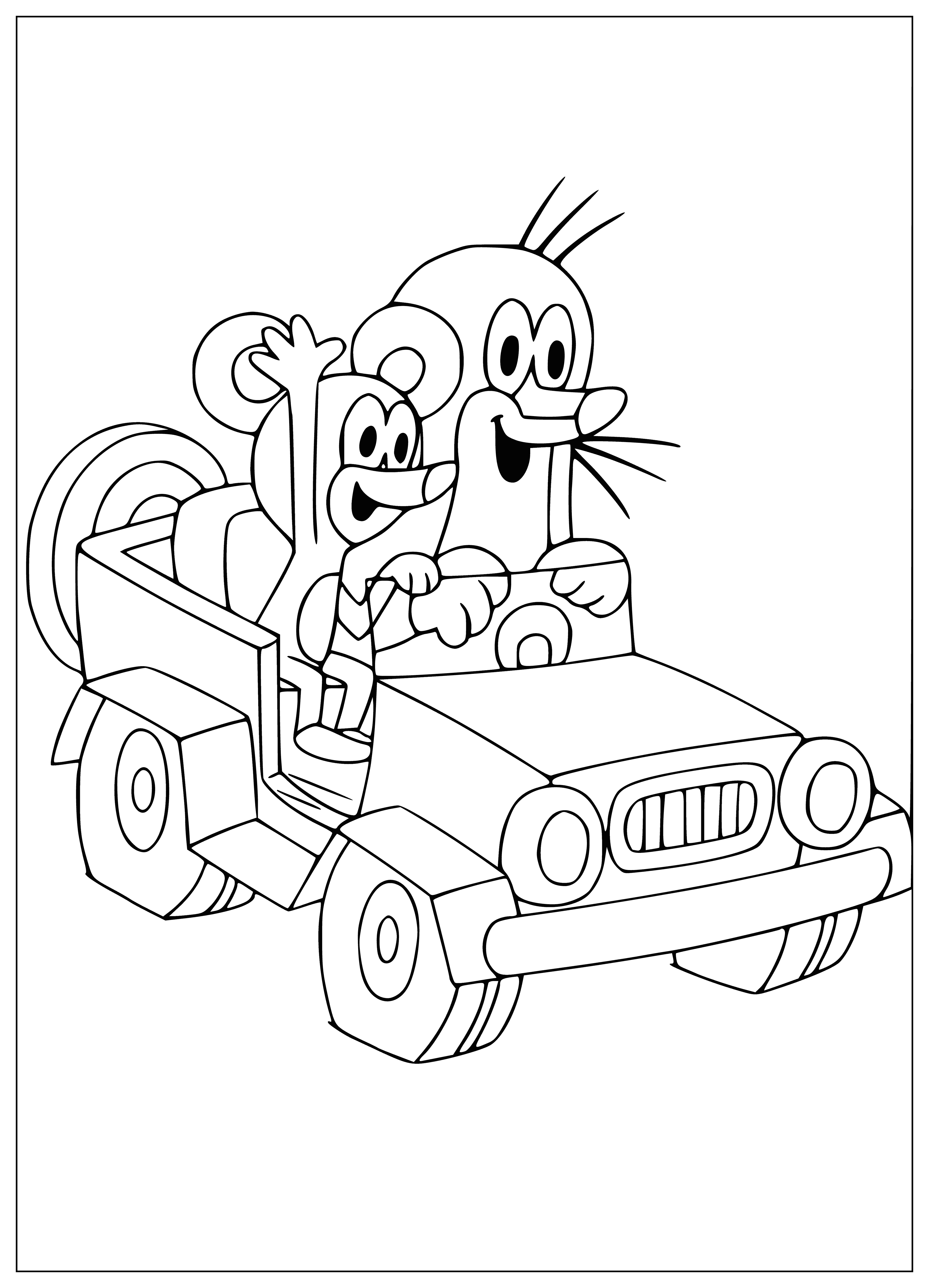 coloring page: Creature drives a red car with yellow stripe, round black headlights and small yellow antenna. Has black nose, eyes and wears a black hat with yellow stripe.