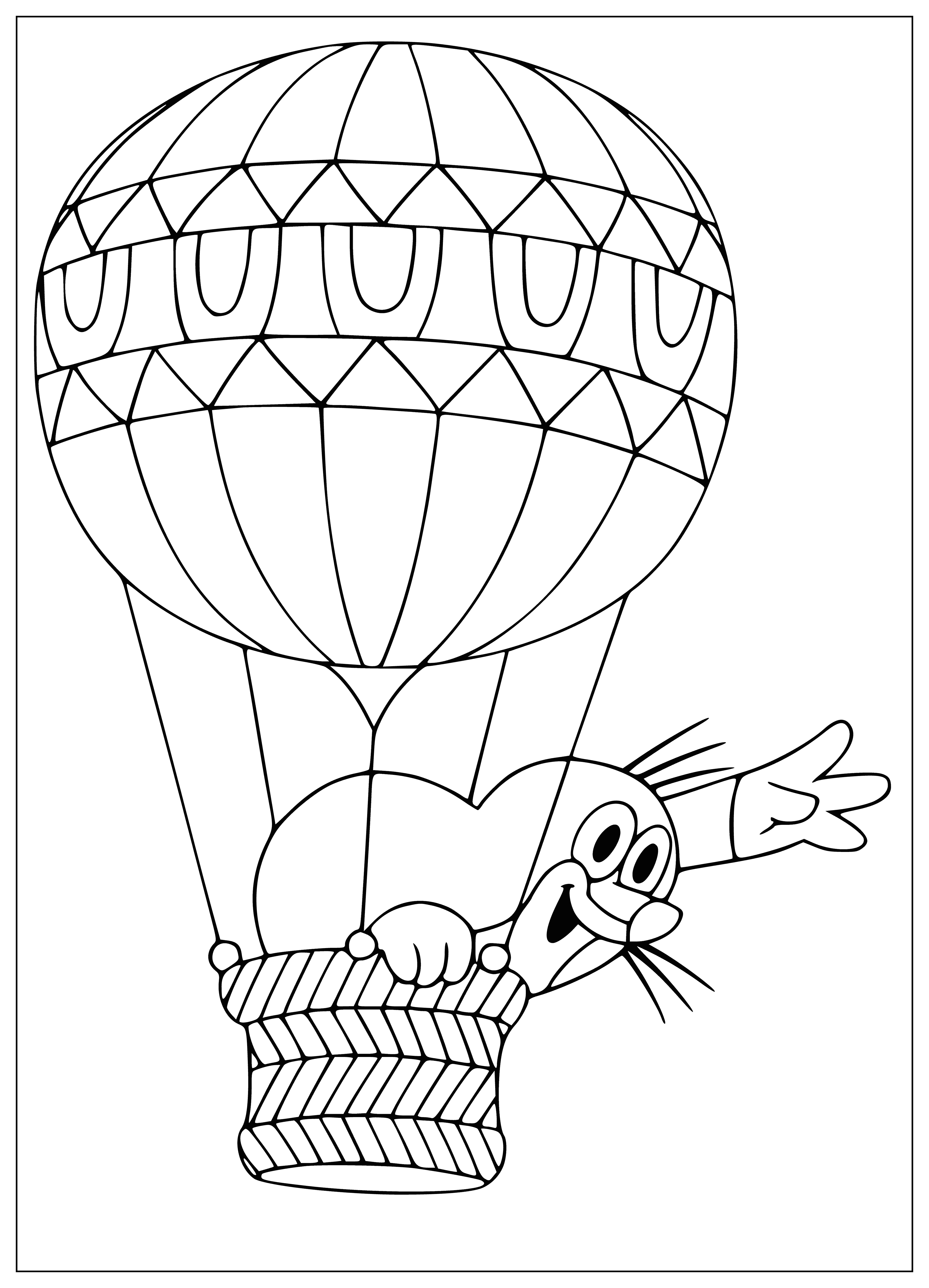 coloring page: Krtek, a small mole in overalls, happily rolls a ball in the meadow.