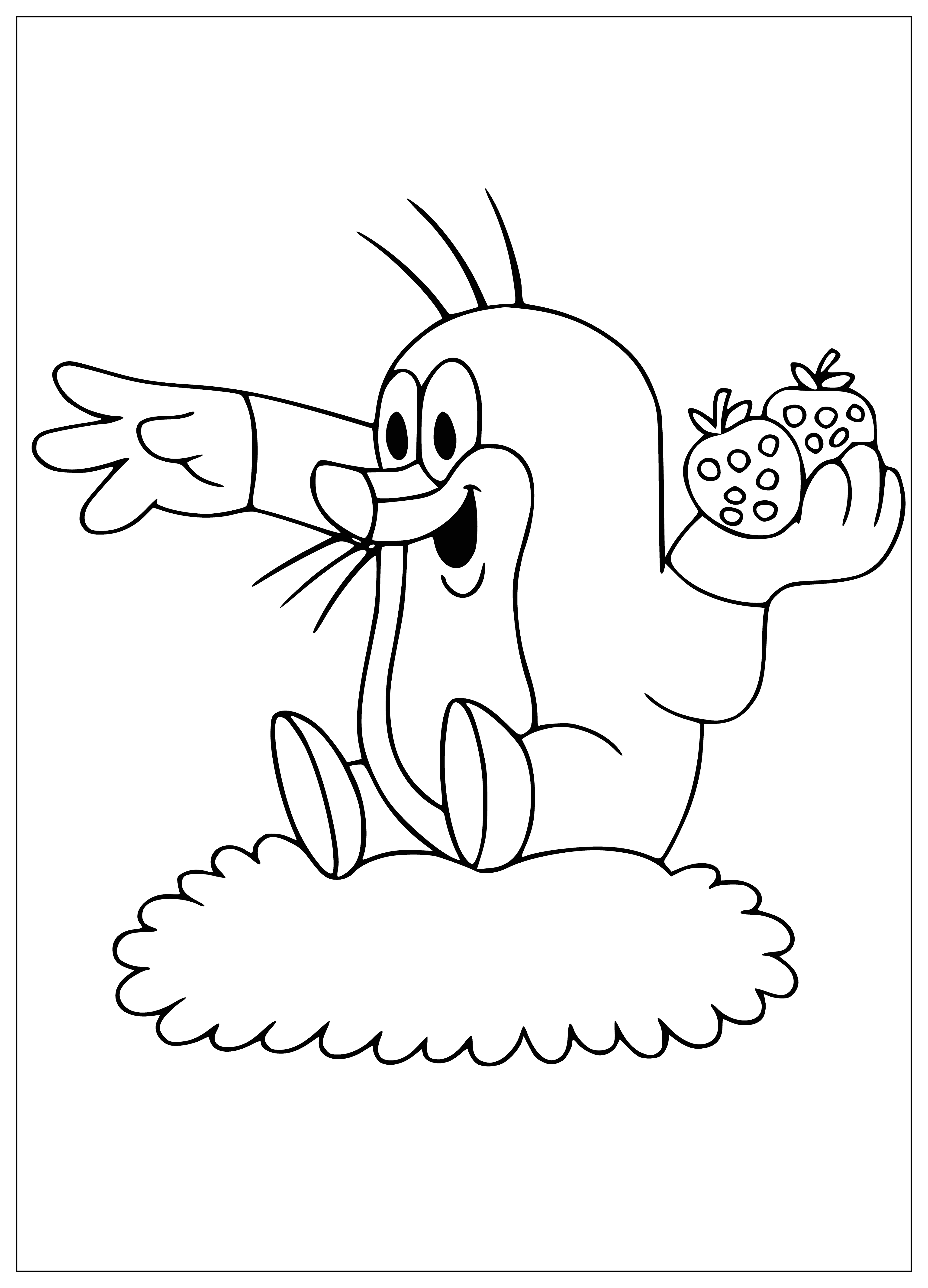 coloring page: Krtek - Mole is an adventurous, brown creature with a pink nose, black eyes, and a striped shirt. He carries a bag and is eager to explore!