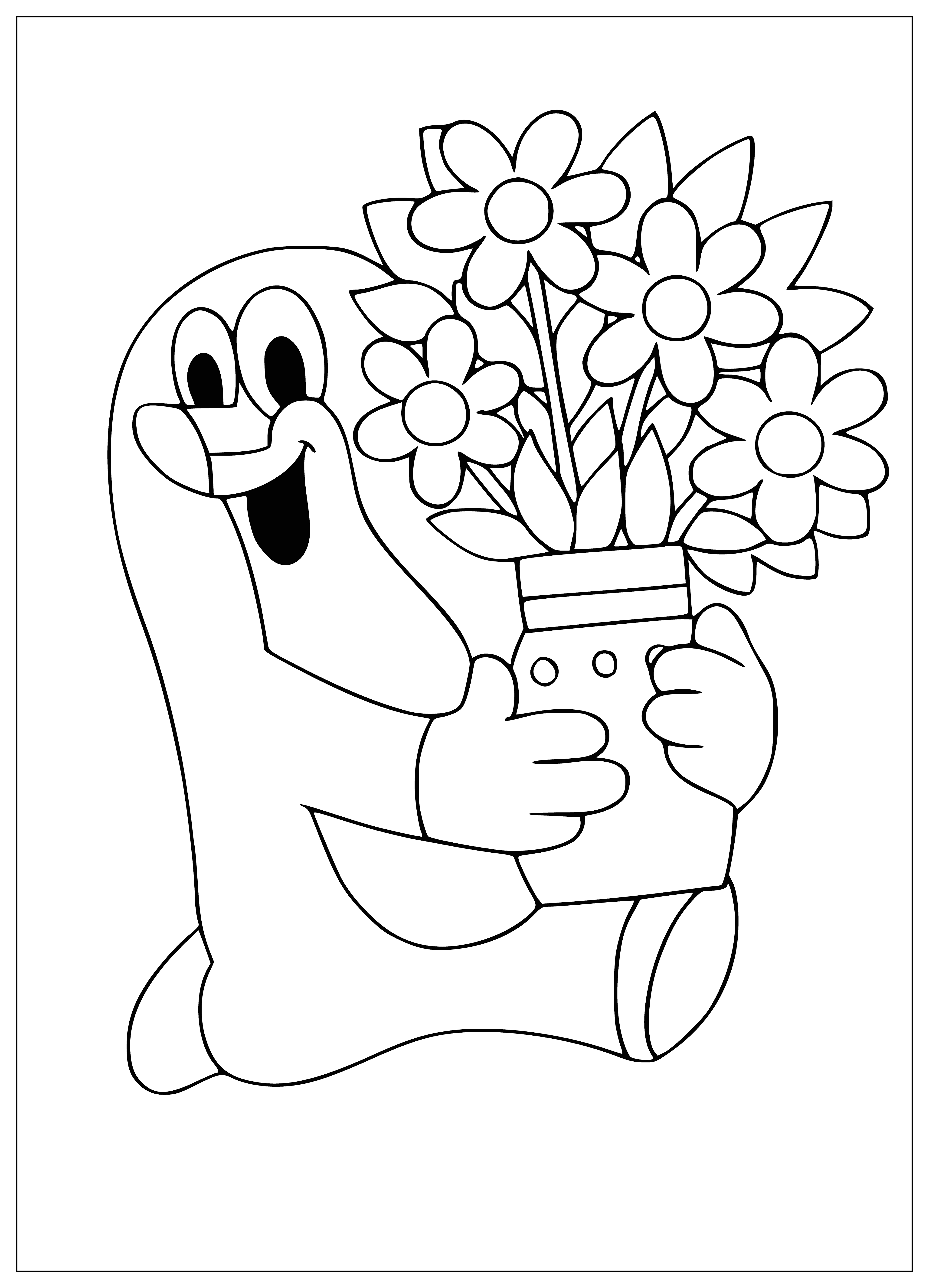 coloring page: Krtek, a tiny cartoon mole, unearths a vase & looks at it through his eye.