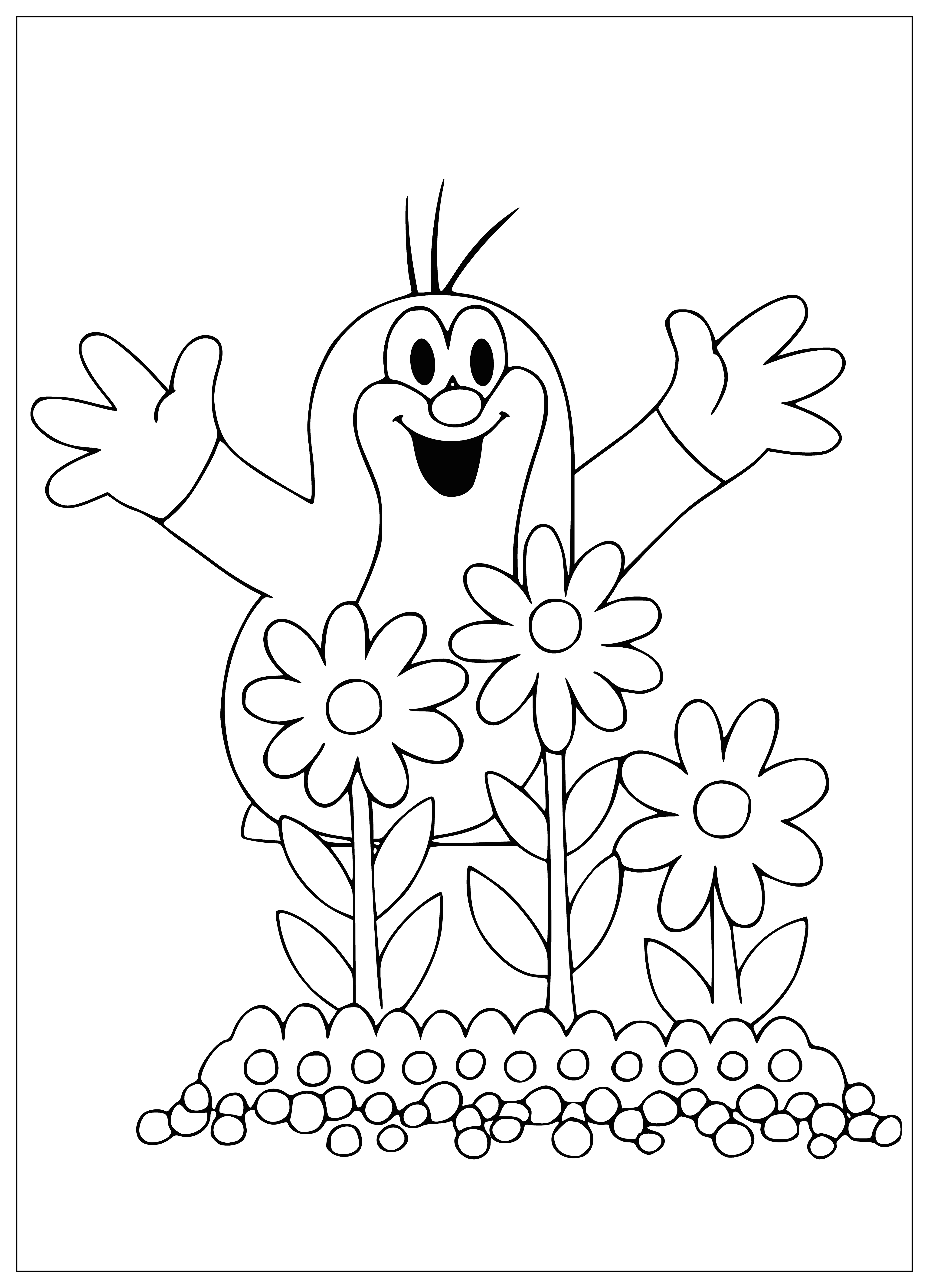 coloring page: Mole searches for yellow flowers, eats a petal, delighted with the sweet flavor.