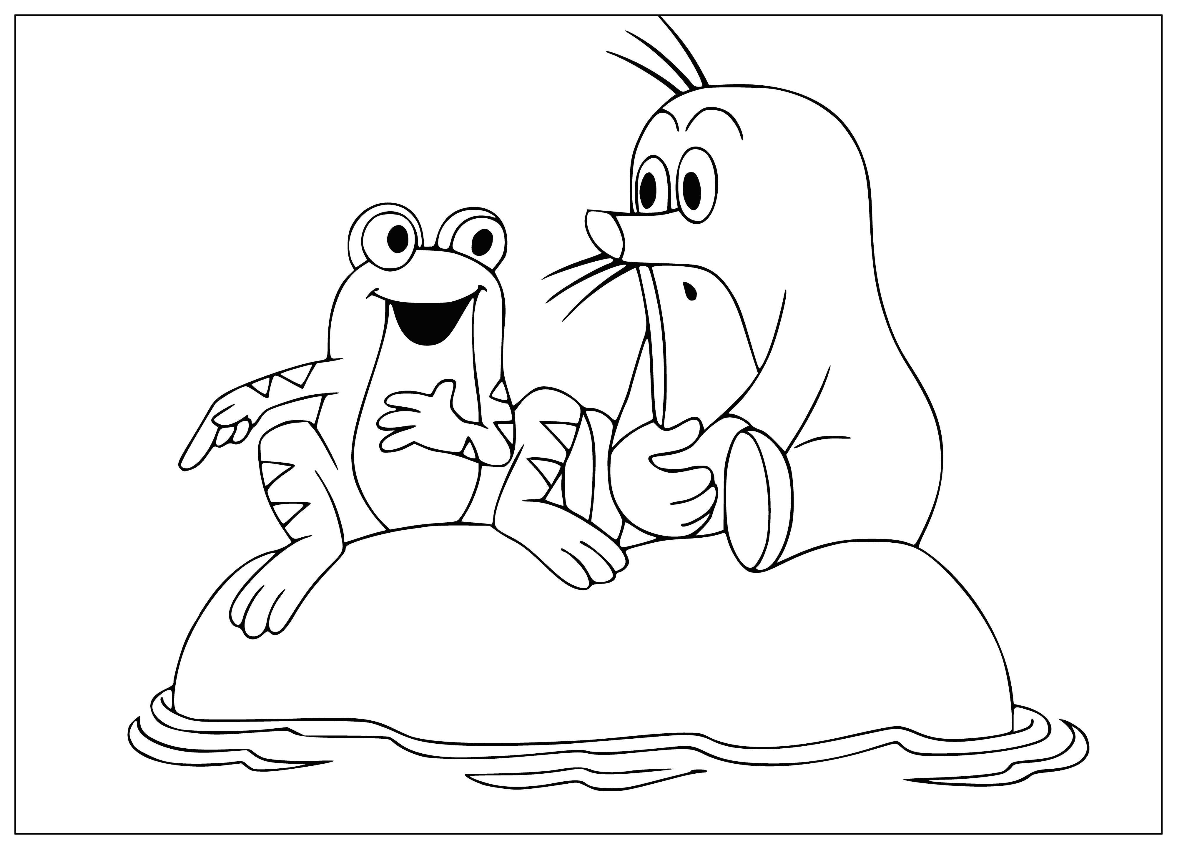 coloring page: Frog and mole sit on a lily pad; the frog gazes at the sky, the mole at the frog.