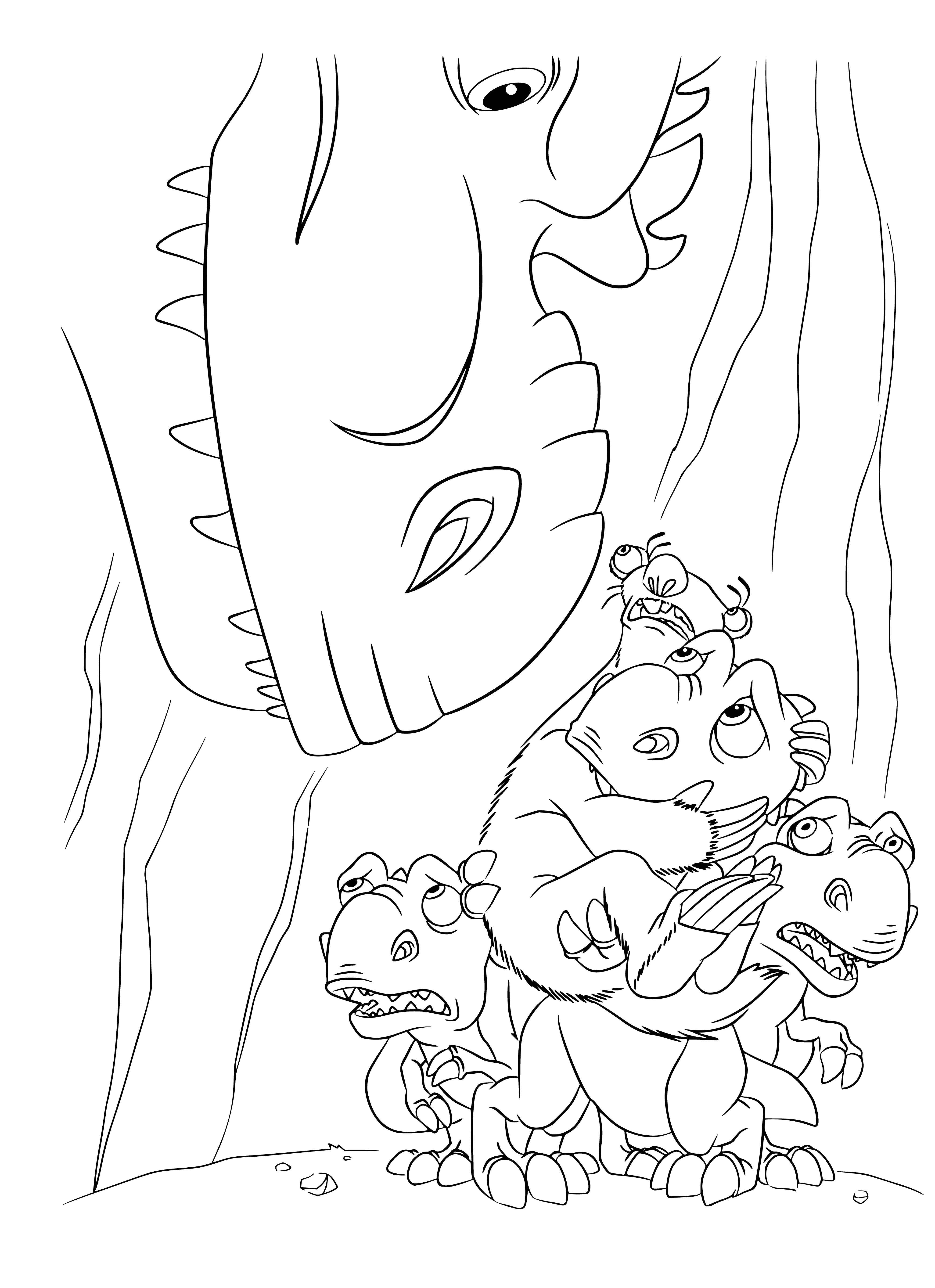 coloring page: Two dinosaurs stand in snowy landscape: a large green one and a smaller purple one facing it. Green has a long neck & tail, purple has a shorter neck & tail.