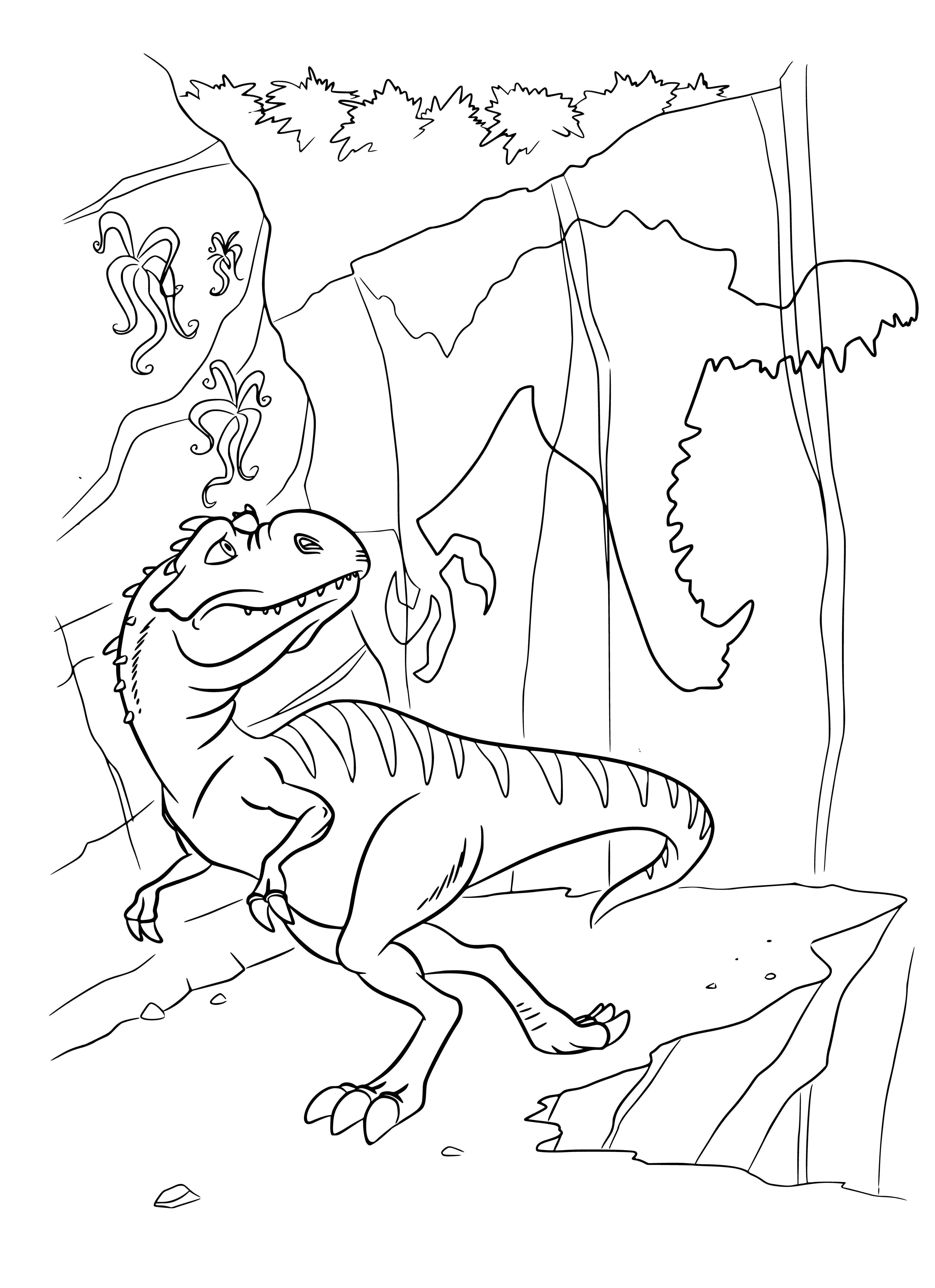 coloring page: Dinosaurs standing on a large icy ocean with a blue sky & clouds. Big dino has long neck, sharp teeth & yellow eyes; small dino has sharp teeth.