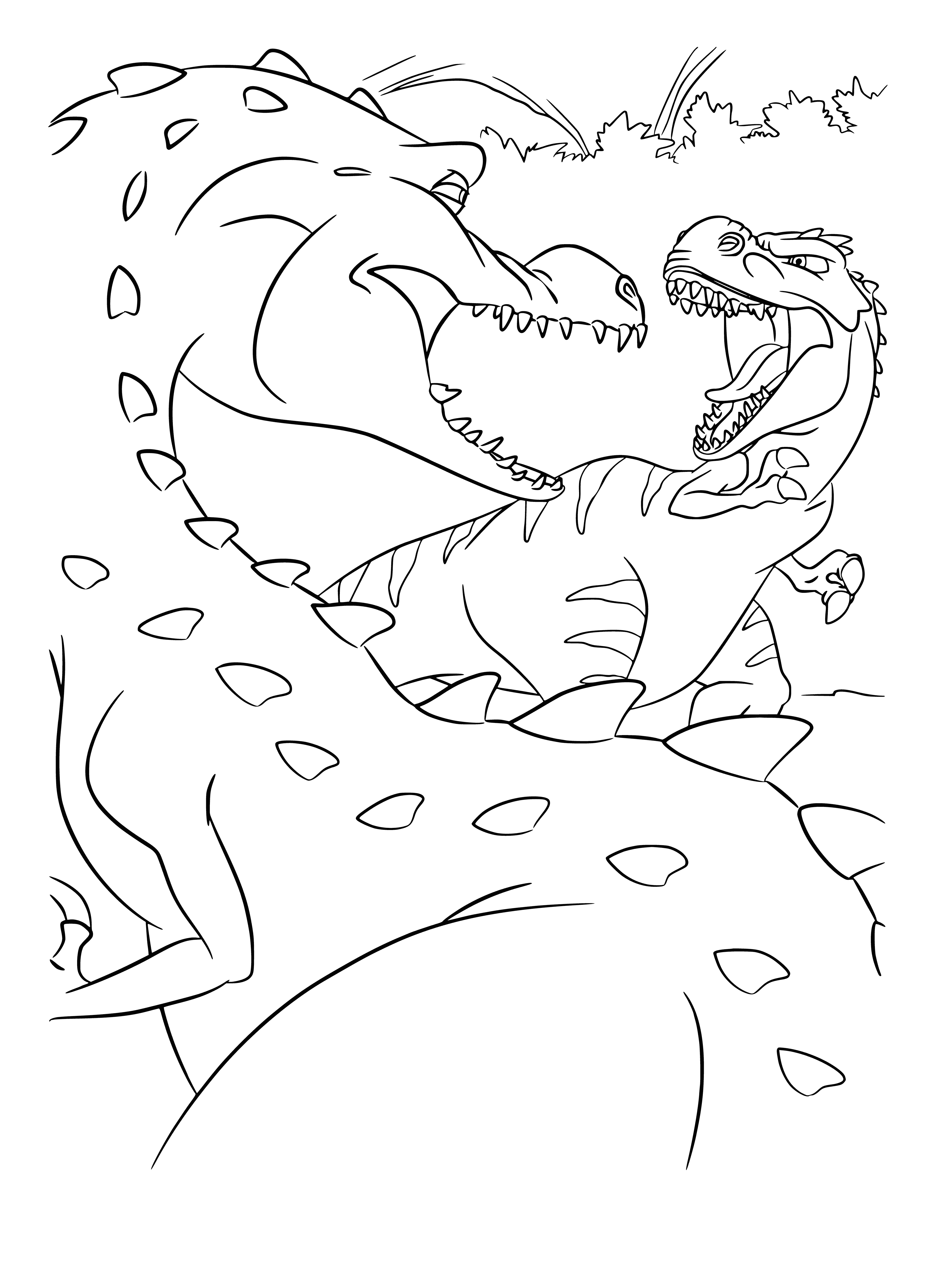 coloring page: Two dinos, one large and grey, one small and brown, stand together looking at each other, the smaller one with tail up.