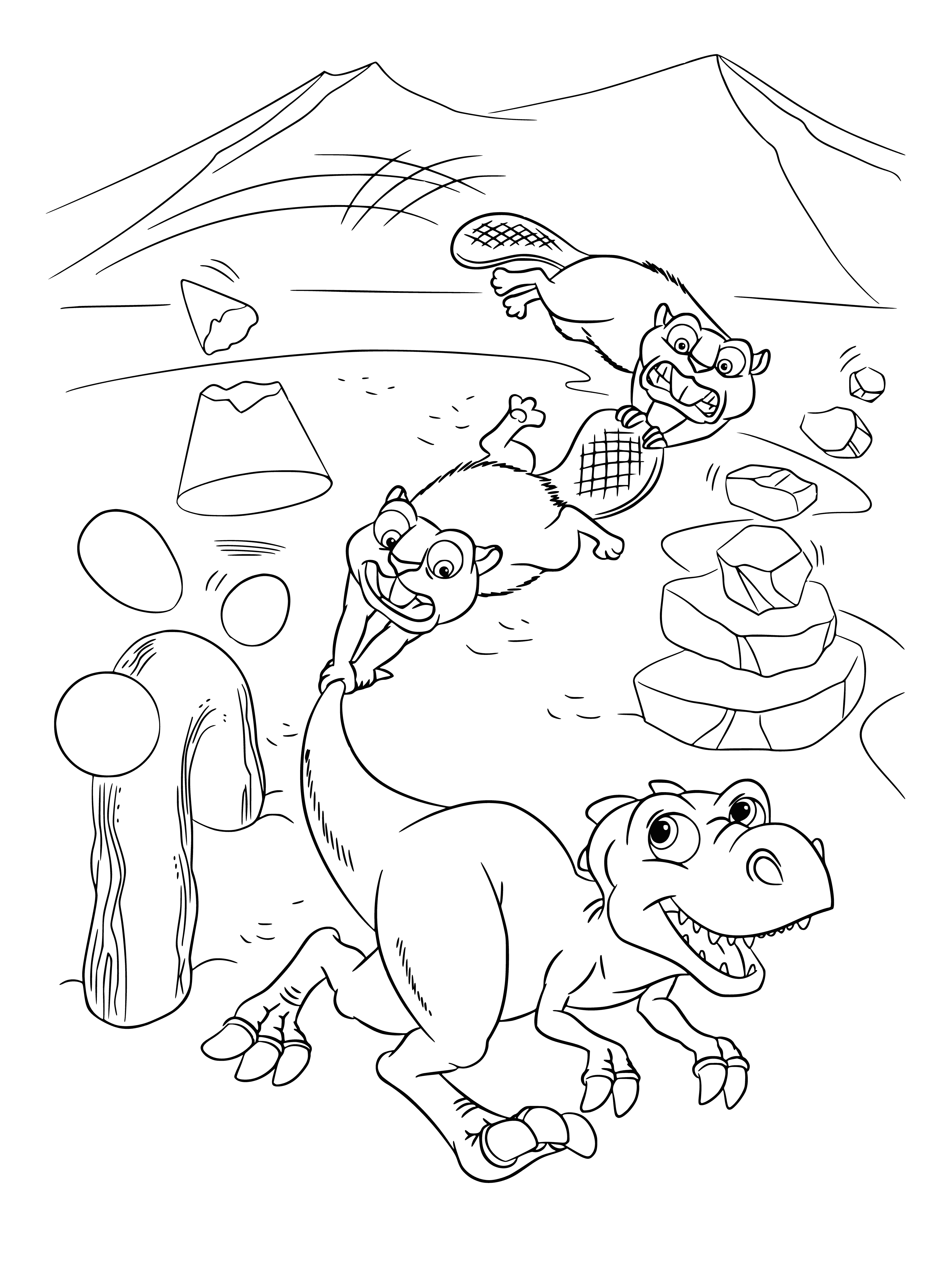 coloring page: Beaver frantically paddles away from a looming dinosaur in Ice Age: Dawn of the Dinosaurs - a fun coloring page to print.