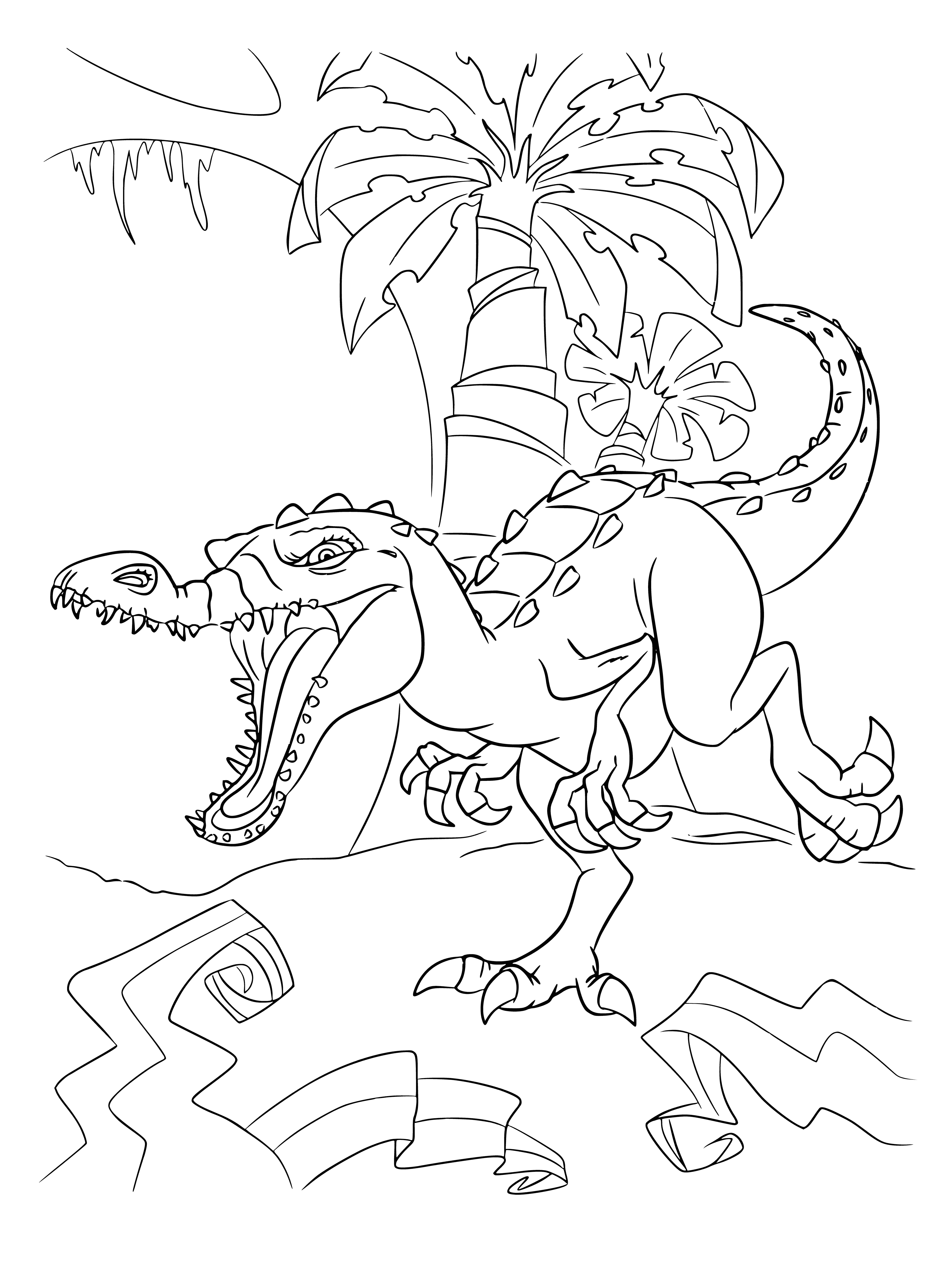 coloring page: Ice Age: Dinosaur scene with a large one eating a small one in a snowy, dark setting. #dinosaurs #iceage #coloringpages