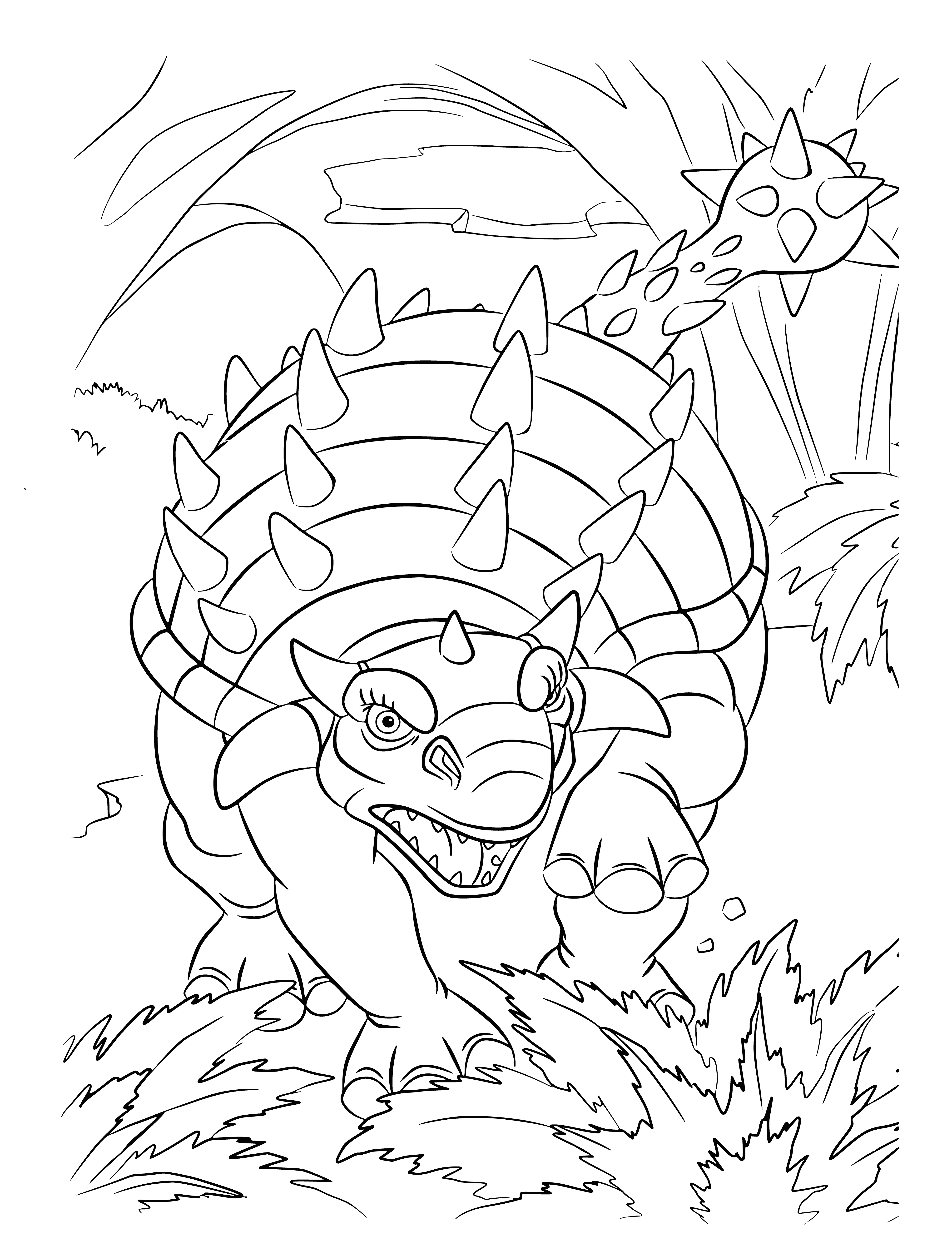 coloring page: Epic battle w/ evil-looking dino at center; "dead" dinos around him & fiery light - looks like he has won & defeated whatever he faces.