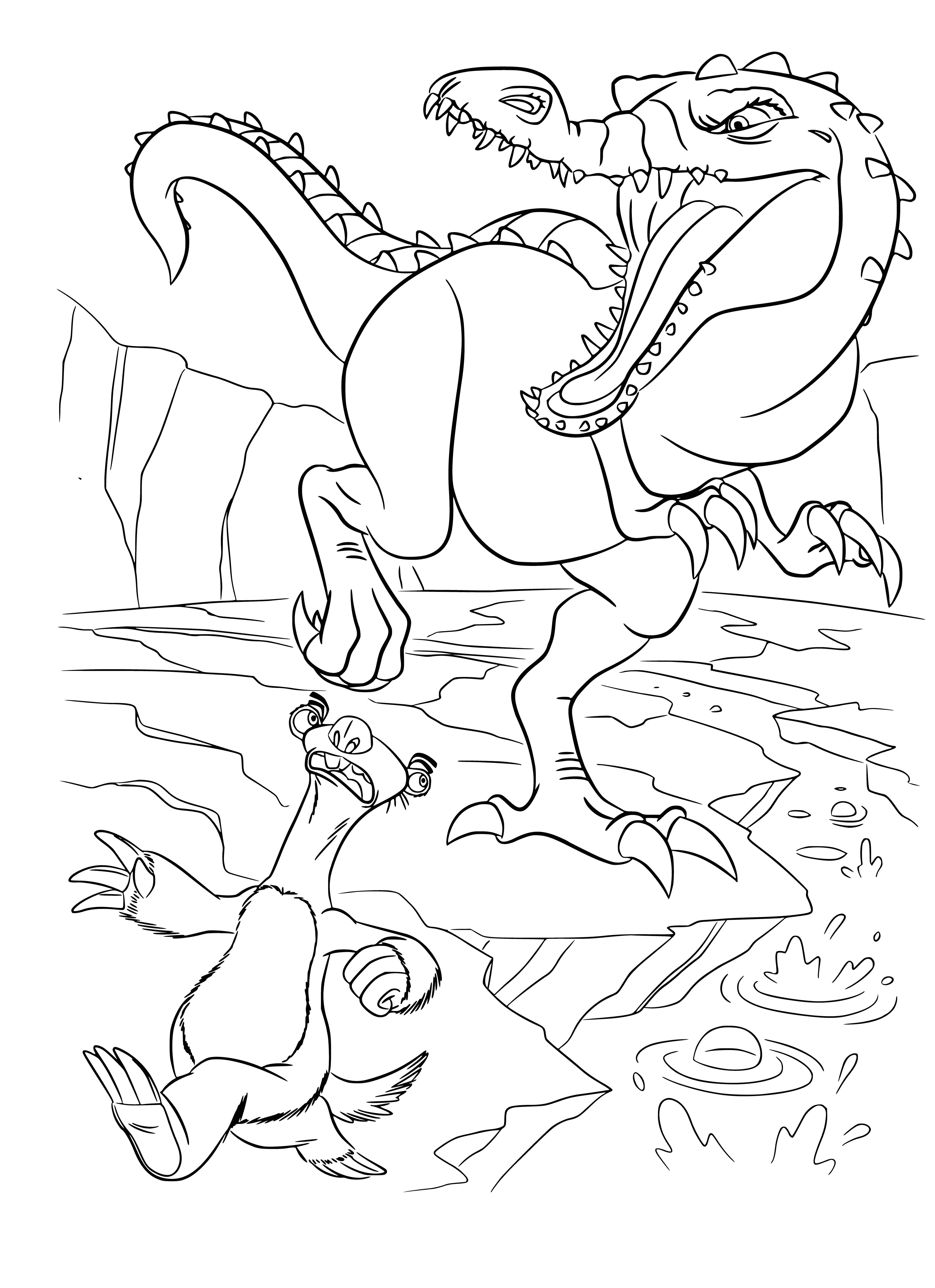 coloring page: Cartoon dinosaurs, T-Rex (purple, red eyes) and Triceratops (green, blue eyes), found perching on large blue and white icicle with open mouths and hanging tongue.