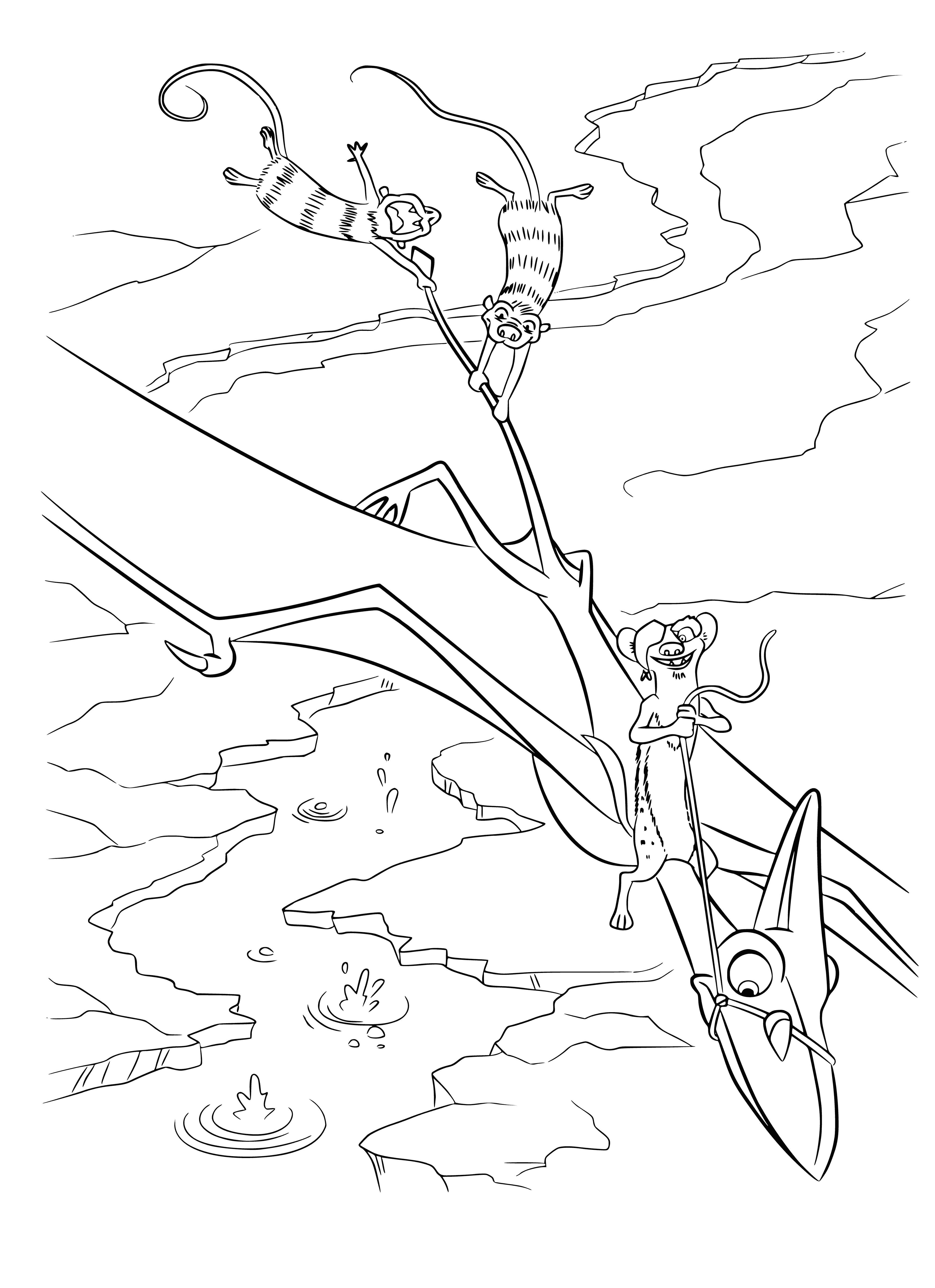 coloring page: Bug and possum meet in an Ice Age forest: possum hangs from a tree, bug crawls on trunk. Scene shows grassy area with trees.