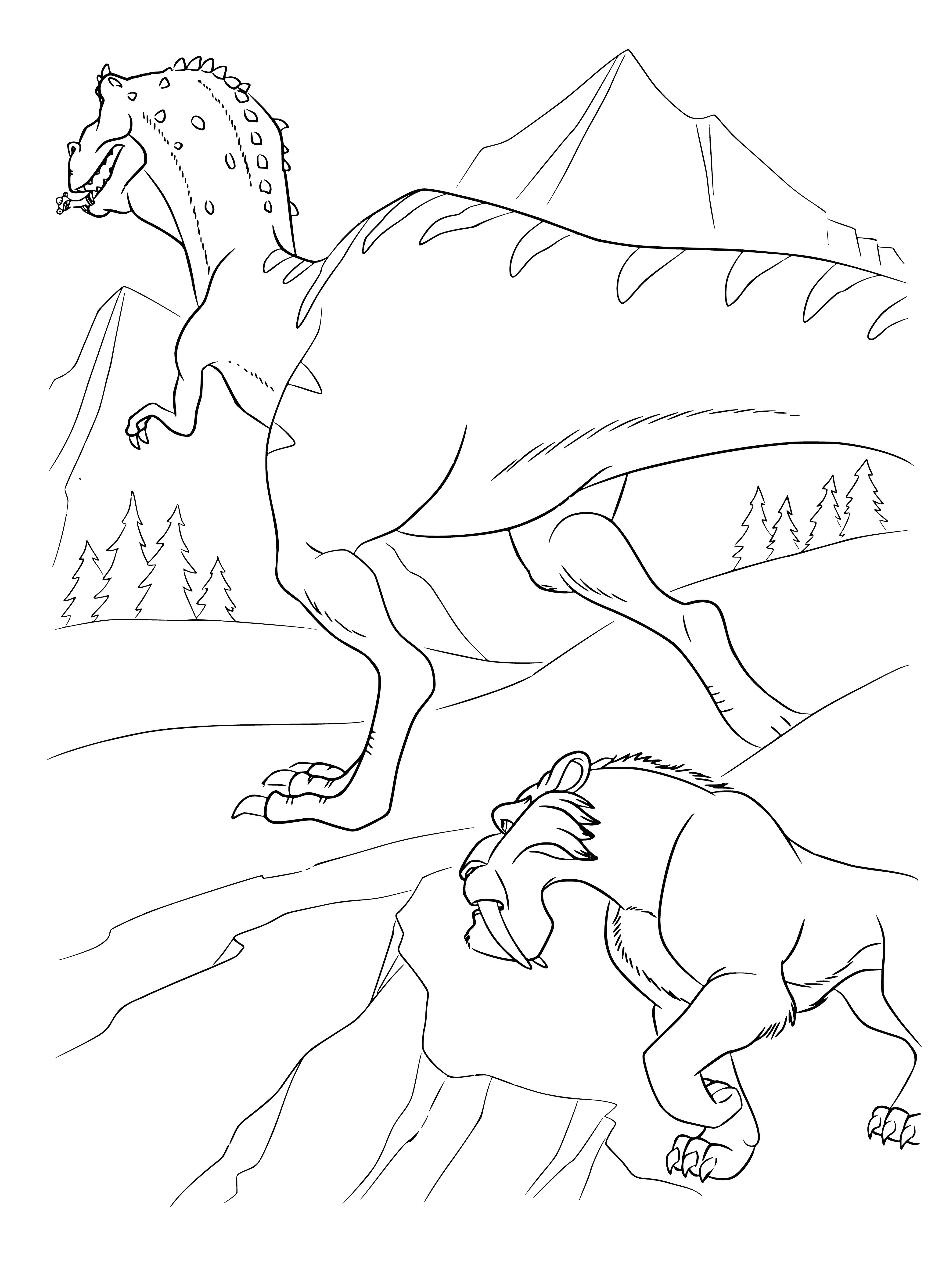 coloring page: A blue sky w/ white clouds, bright sun & a white/brown tiger in a green field, standing on hind legs w/ front paws in the air & tongue hanging out.