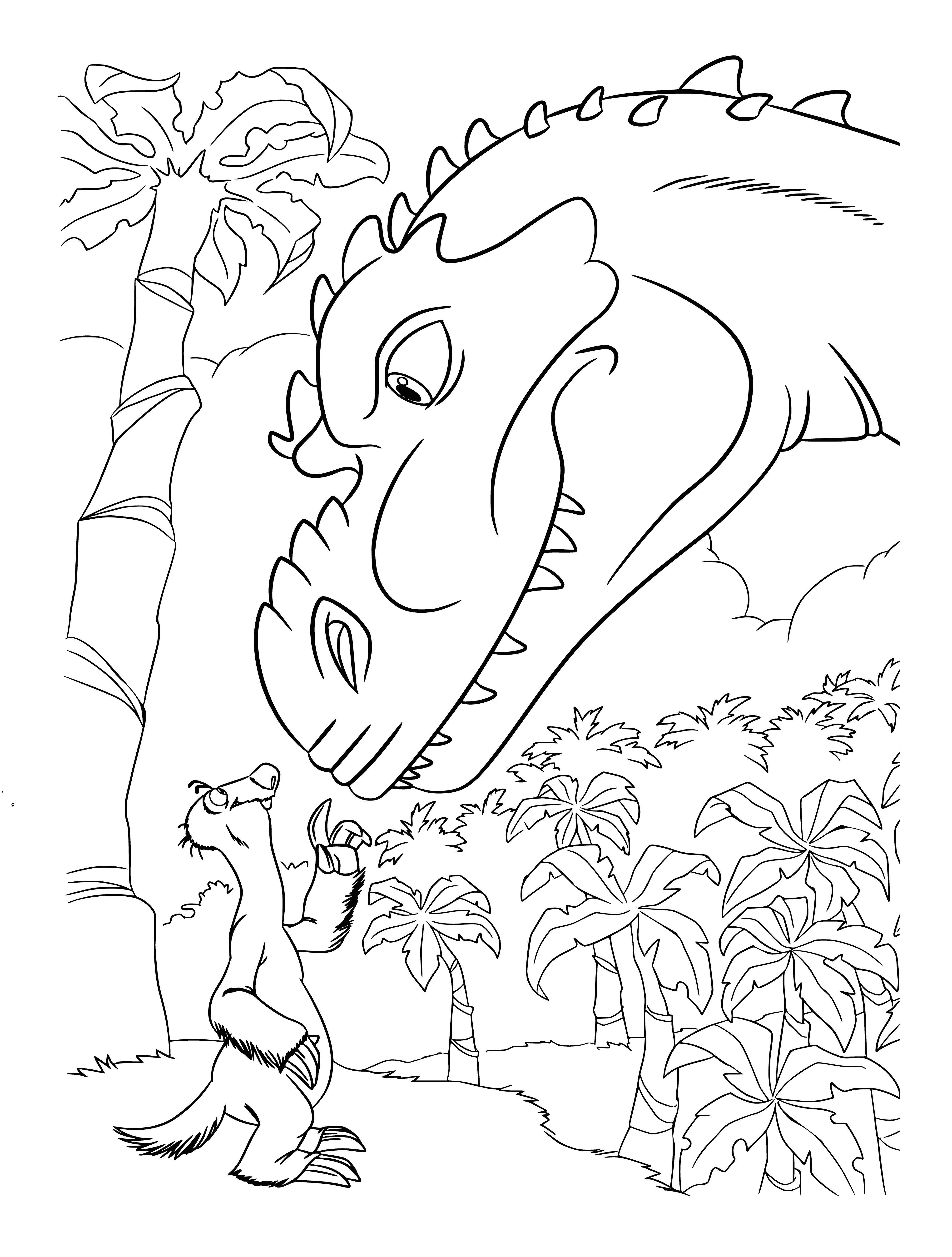 coloring page: Sid & a long-necked dino buddy explore a field illuminated by a sunny sky.